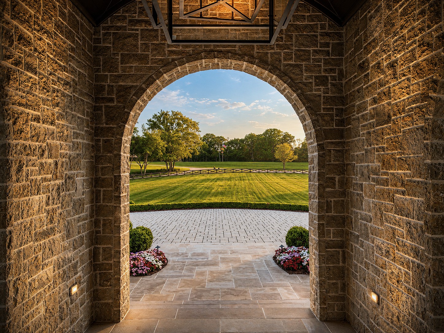 Stone archway entrance at a Castle Homes estate, framing a view of the manicured lawn.