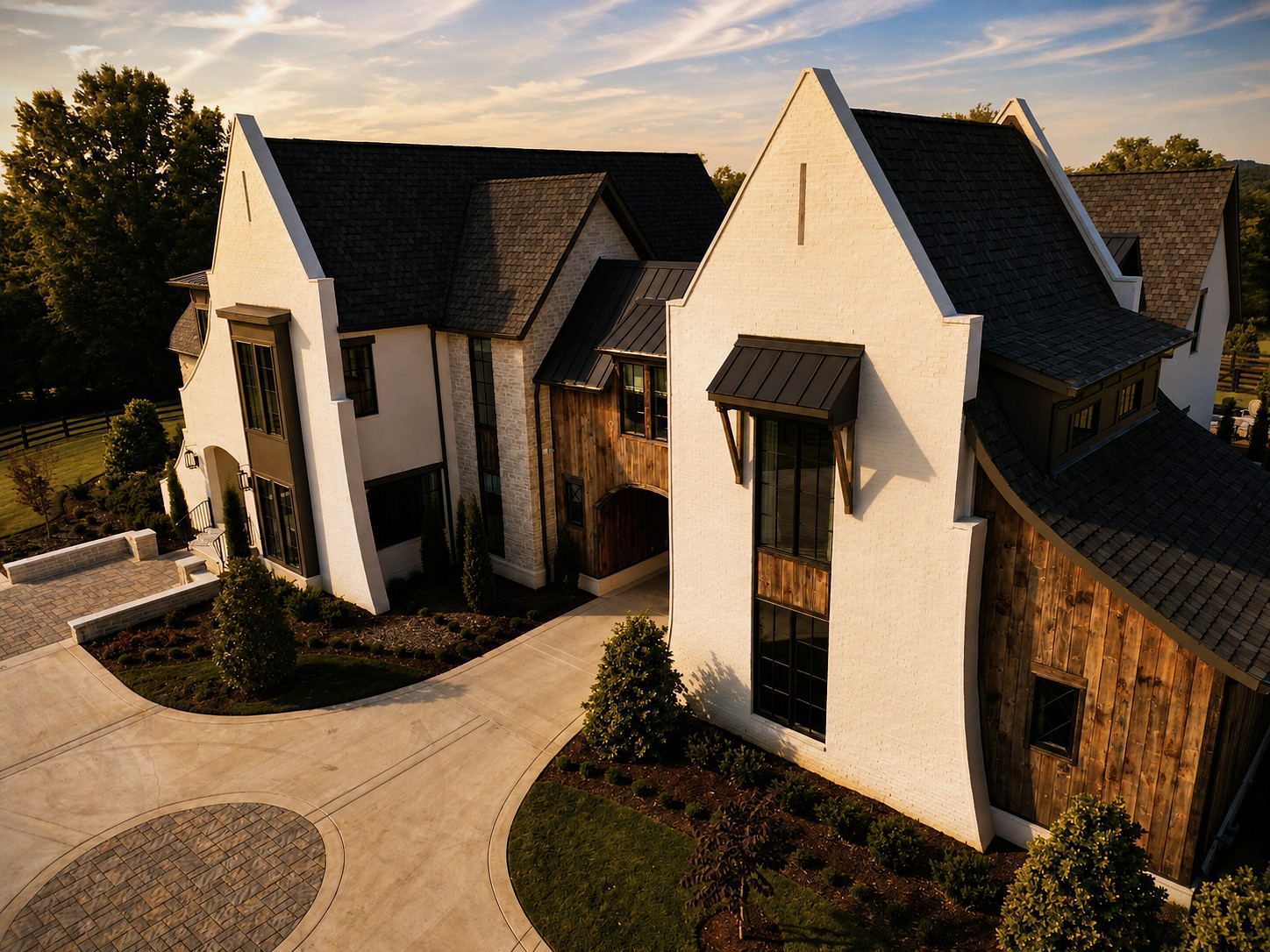 Close-up of a Cornerstone Construction home's exterior with dark trim and wood accents at sunset.