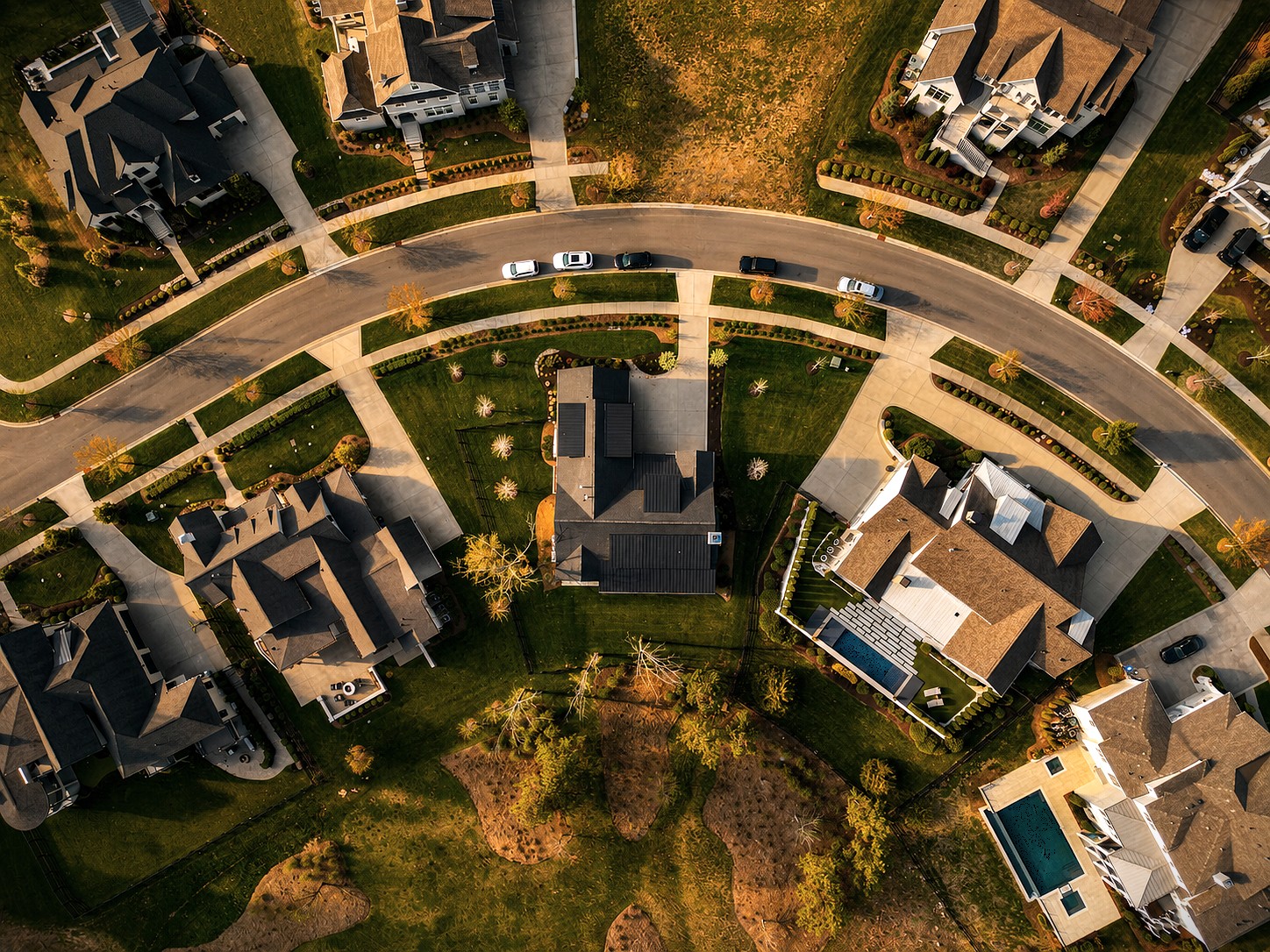 Aerial view of a Cornerstone Construction home on a suburban cul-de-sac.