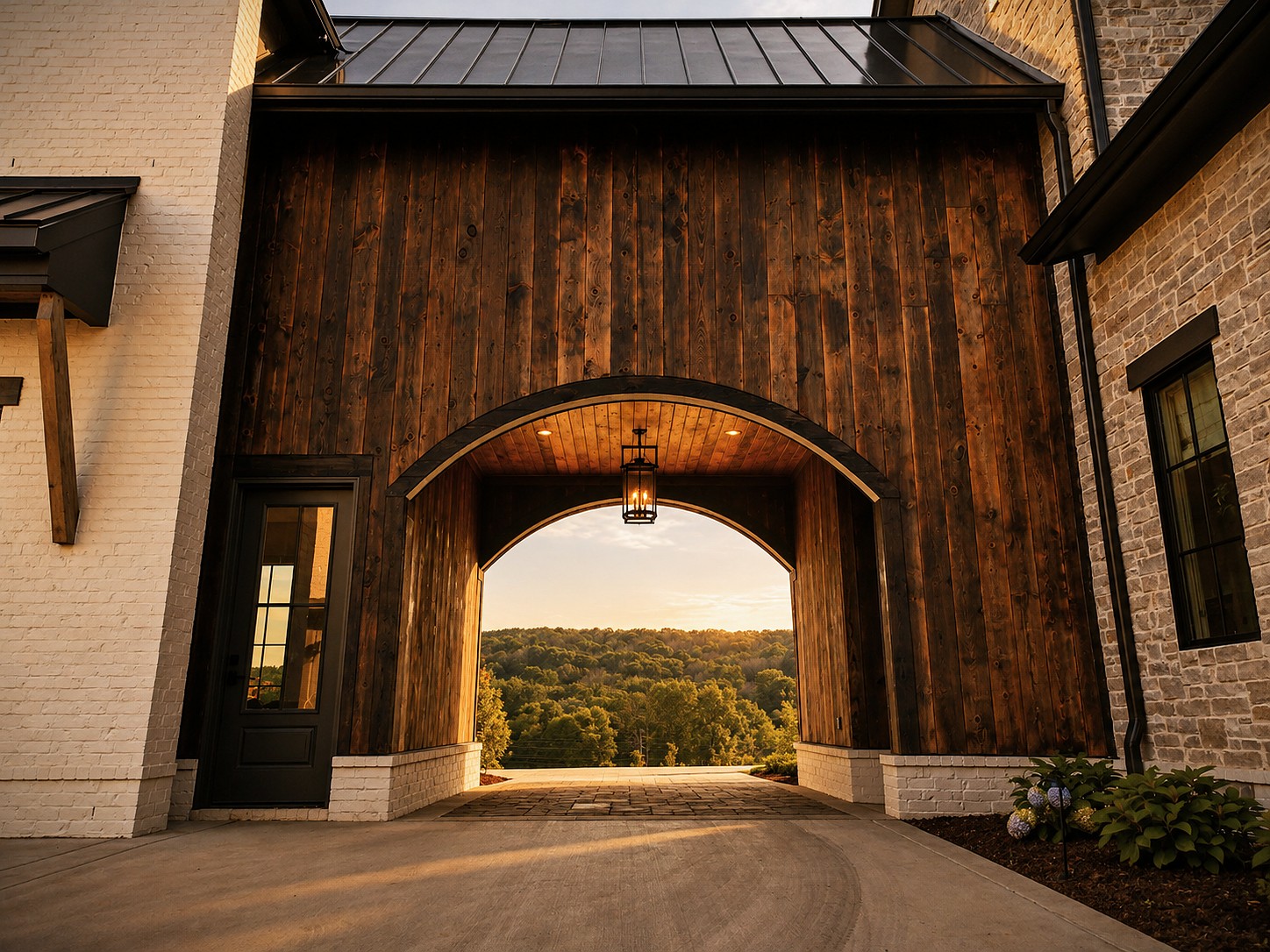 Wood-clad porte-cochère entrance at a Cornerstone Construction home, framing a view of the countryside.