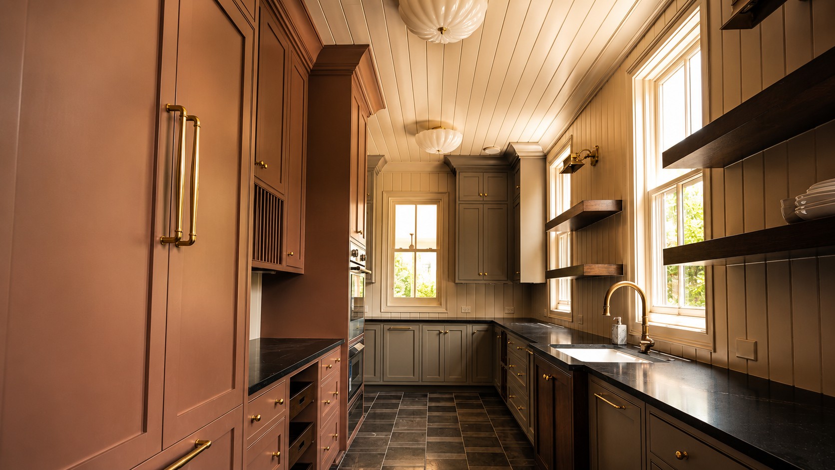 Kitchen at Magnolia Hall with mauve cabinetry, brass hardware, and dark countertops.