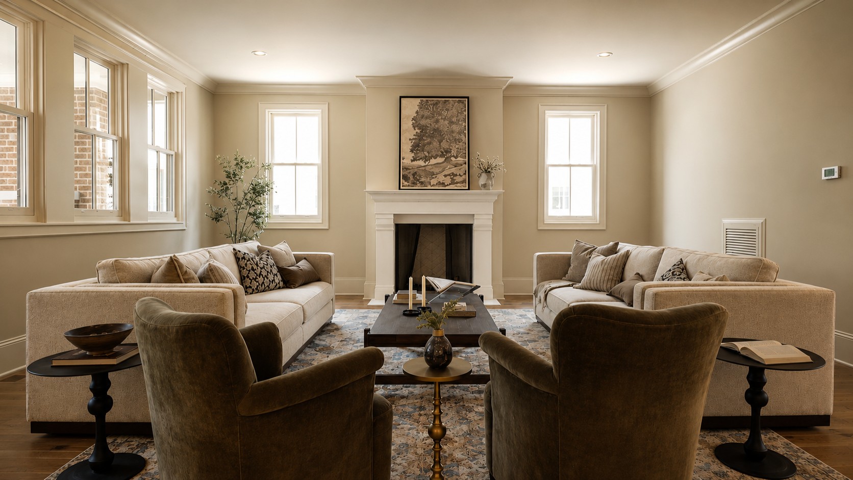 Living room at Magnolia Hall with a fireplace and symmetrical seating arrangement.