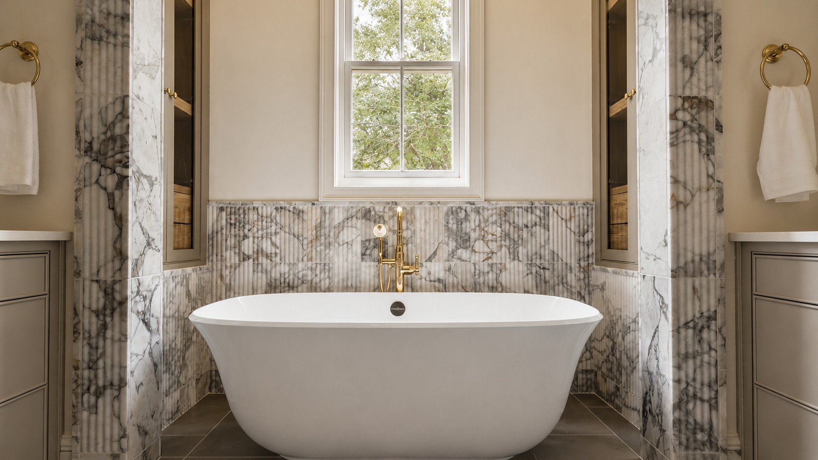 Marble primary bathroom at Magnolia Hall with a freestanding soaking tub and brass fixtures.