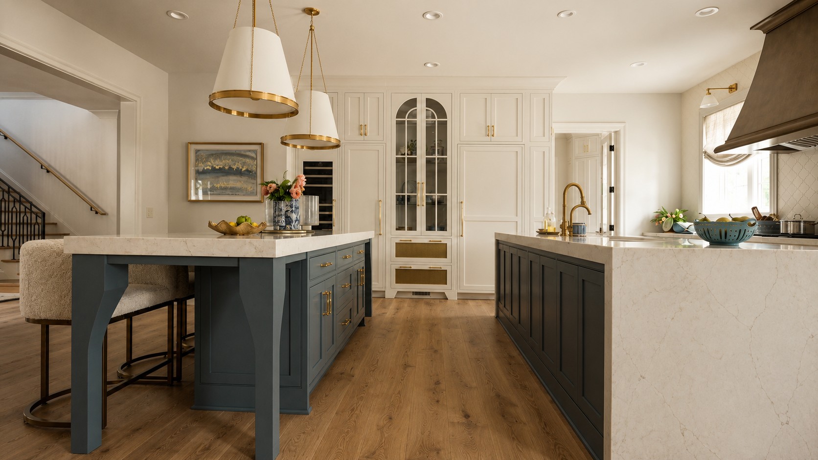 Kitchen island at Magnolia Hall with navy cabinetry and brass pendant lighting.