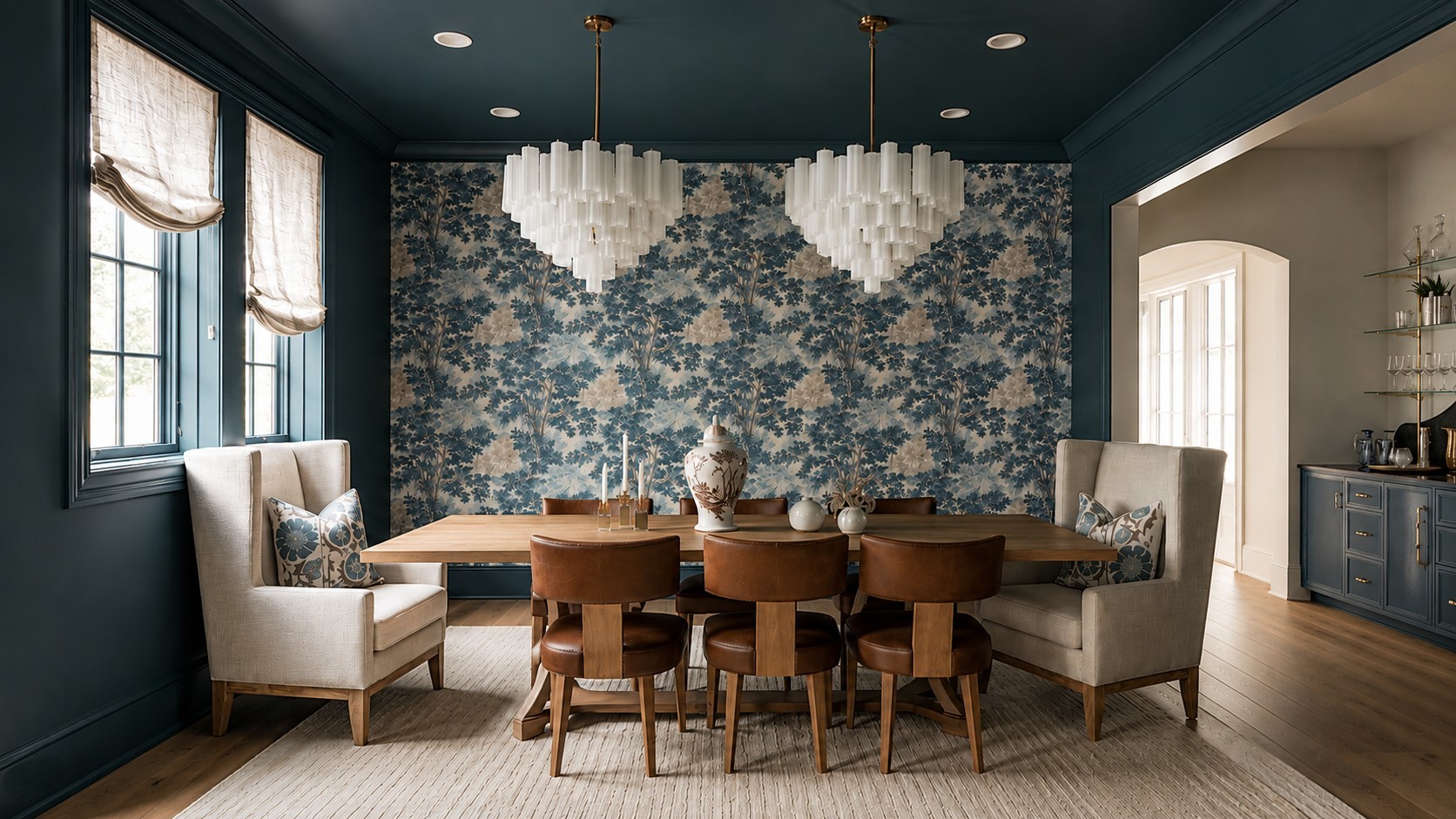 Dining room at Magnolia Hall with navy walls, floral wallpaper, and statement chandeliers.