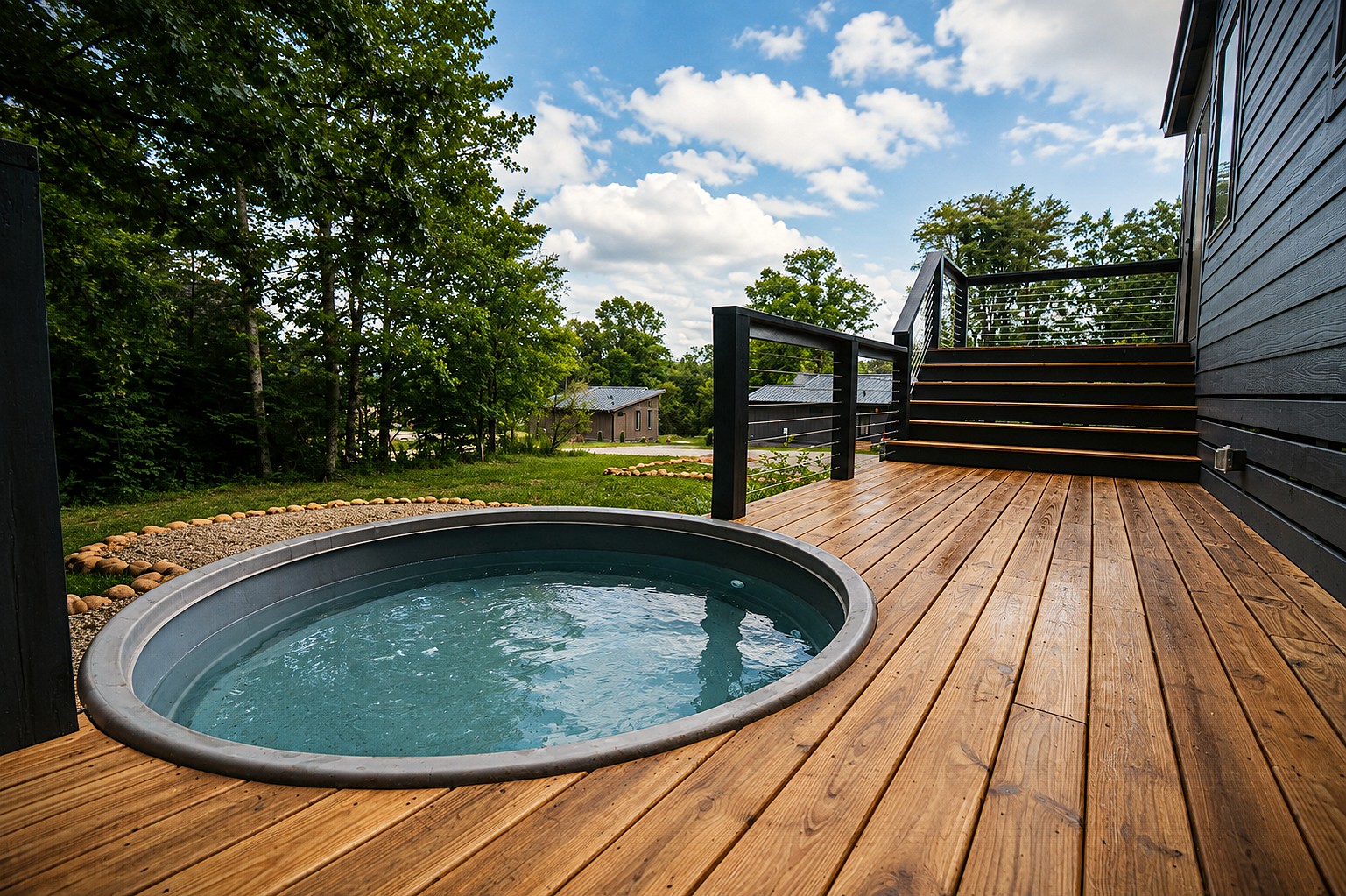 Wood deck and stock tank pool overlooking the wooded lot at 60 Dwellings Dr, Tracy City TN.