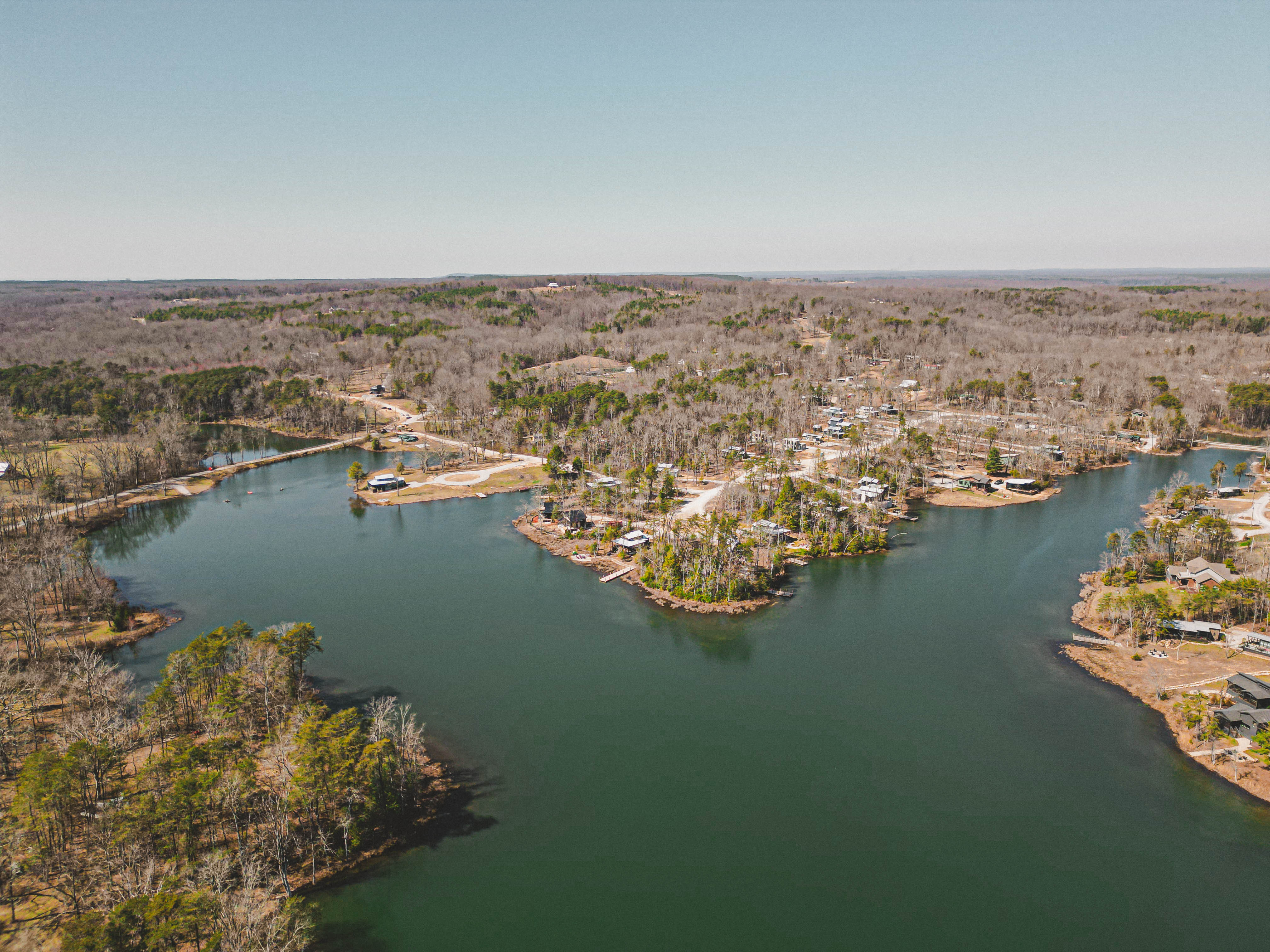Aerial view of the lake and water access near Lot 85, The Retreat at Water's Edge.