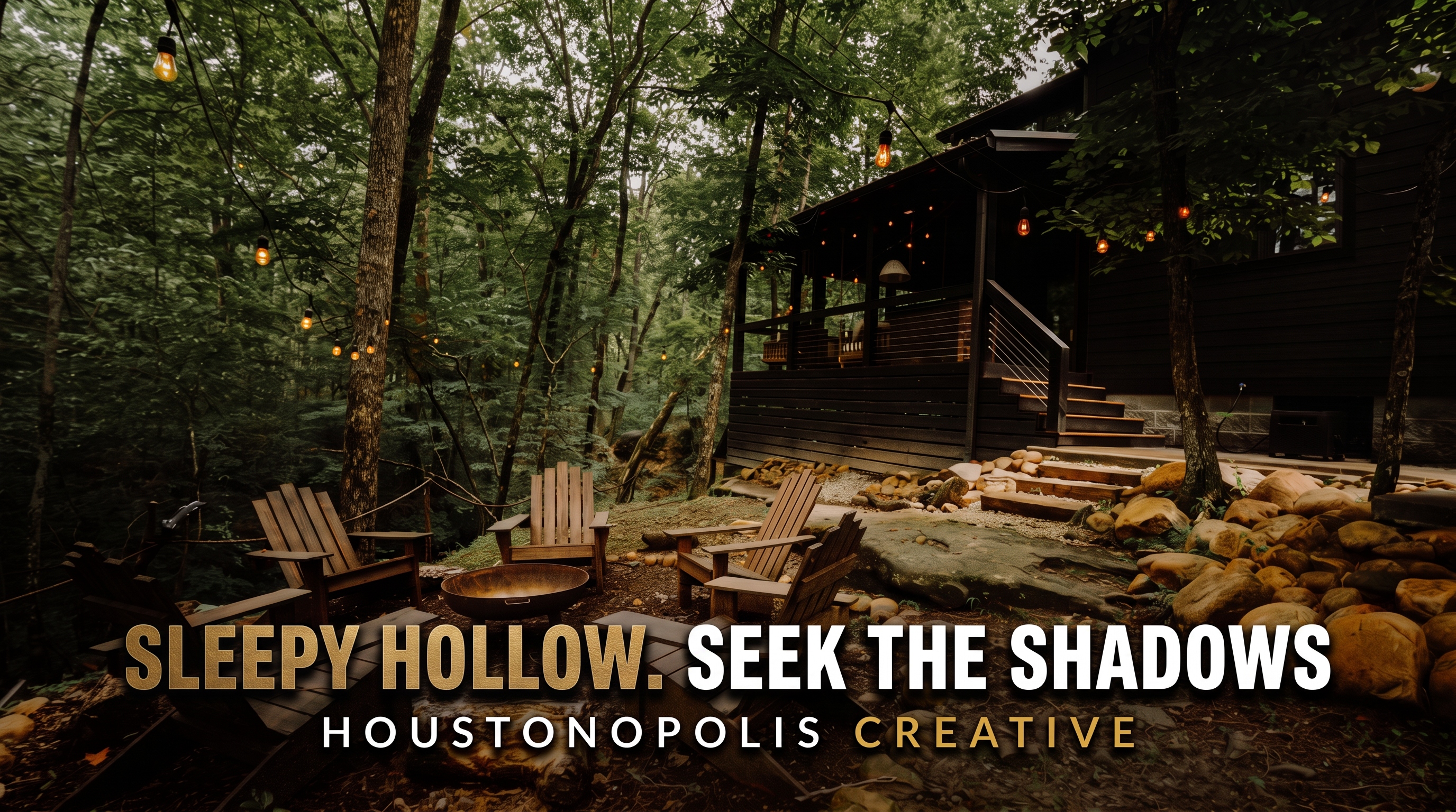 Cinematic dusk exterior of the Sleepy Hollow tiny cabin at The Retreat at Sunset Bluff, Monteagle TN, with string lights and a fire pit lounge area.