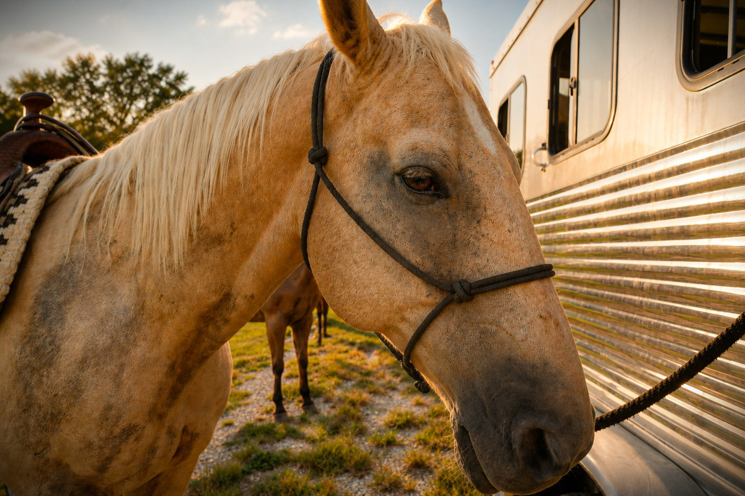 Close-up of a palomino horse's head beside a horse trailer at golden hour, another horse grazing behind it.