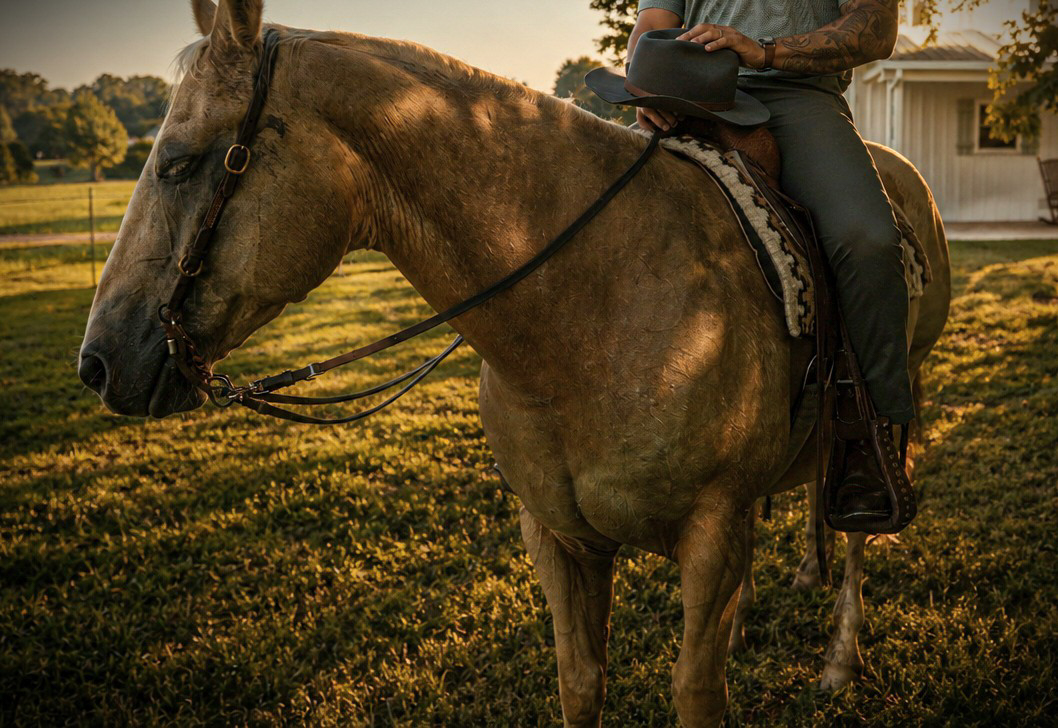 A rider in a cowboy hat on horseback in front of the farmhouse porch at golden hour.