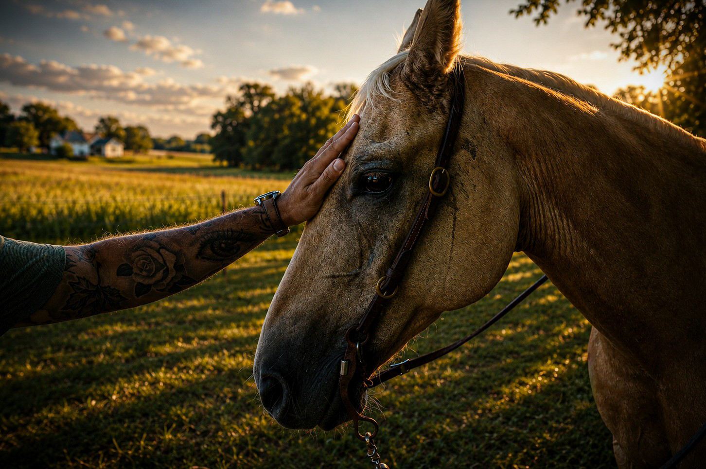 A hand gently touching a palomino horse's face, rolling farmland and distant farmhouses behind it at sunset.