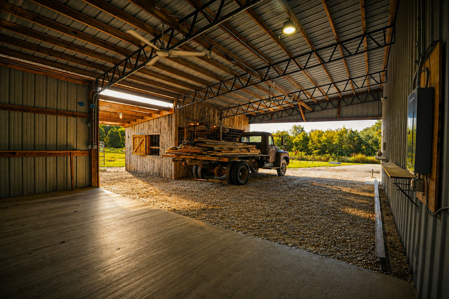 Interior of a wood-and-metal barn workshop bay with a vintage flatbed truck loaded with lumber, doors open to the pasture.
