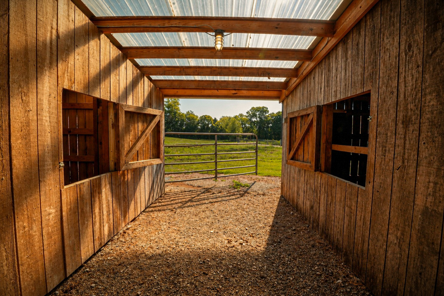 Center aisle of the horse barn, open stall doors on both sides, leading out to a pasture gate.