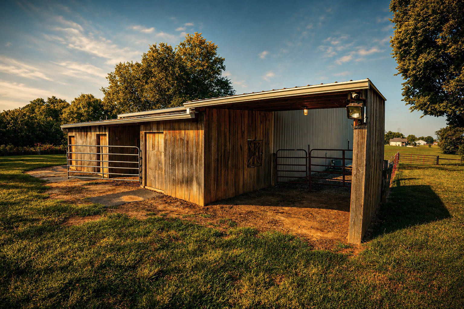 Full exterior of the wooden barn and run-in shed with metal corral gates at golden hour.