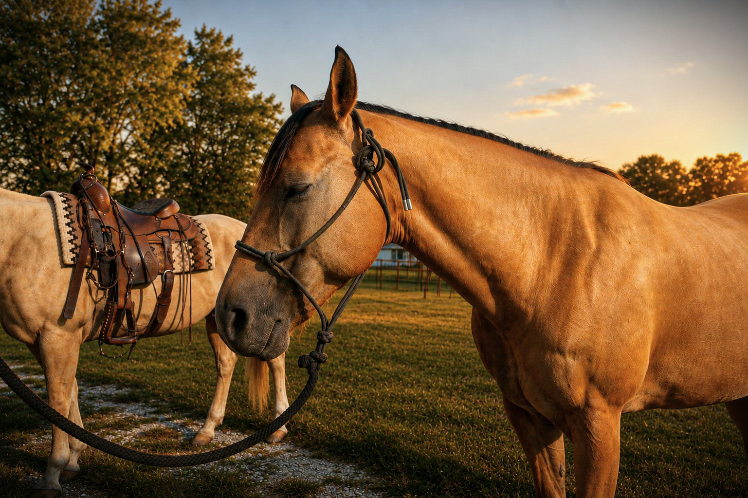 Close-up of a buckskin horse's head and neck at golden hour, with a saddled horse visible in the background.