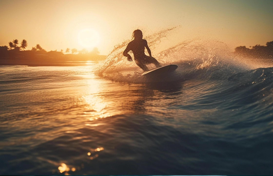 Silhouette of a surfer riding a wave with spray at sunset near palm trees on the shore.