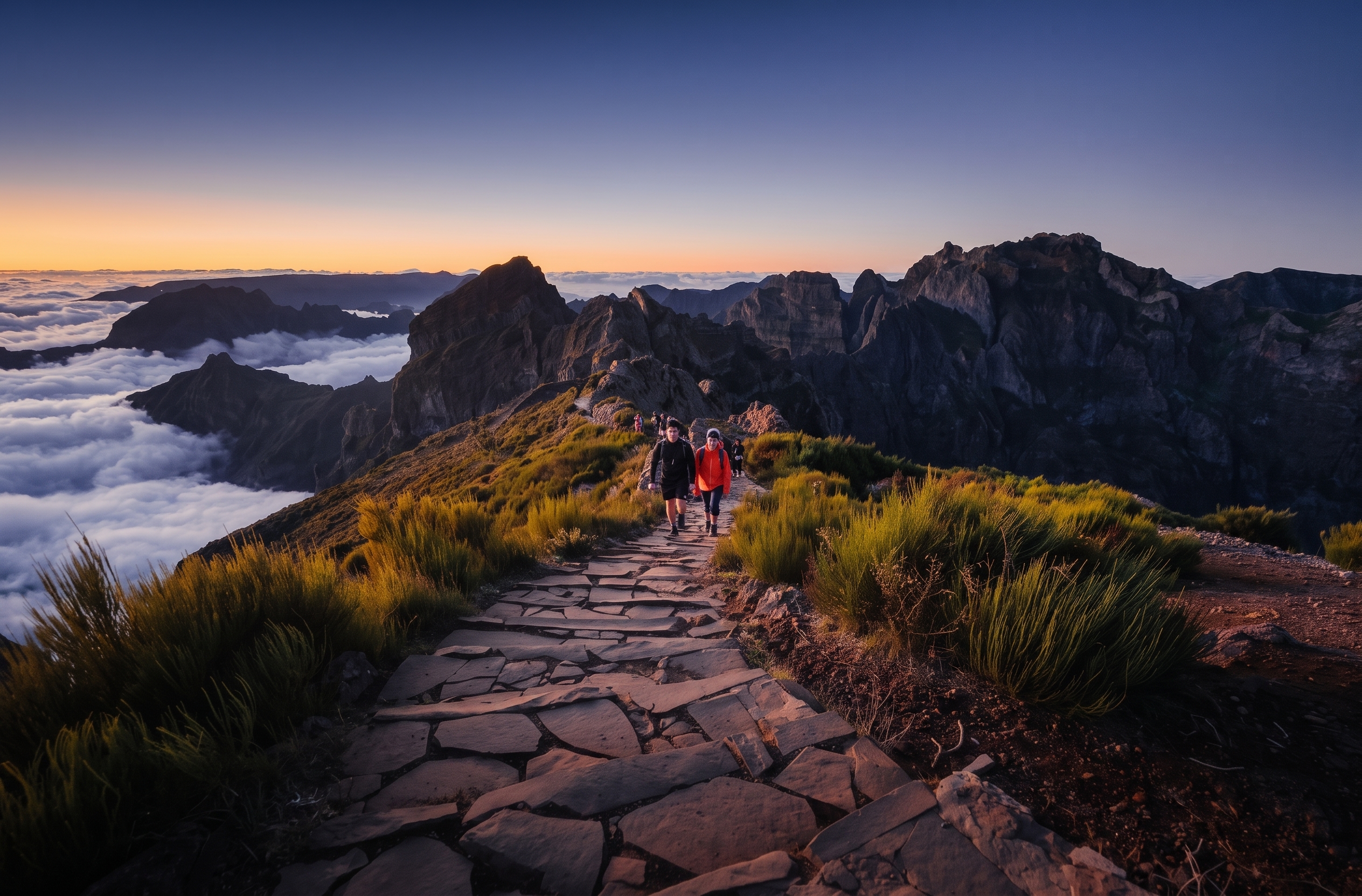 Hikers walking along the dramatic PR1 Vereda do Areeiro volcanic mountain trail above a sea of clouds during sunrise in Madeira, Portugal.