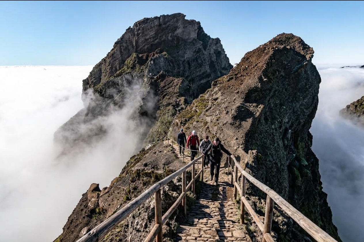 Hikers walking along the stone path of the PR1 Vereda do Areeiro trail in Madeira, Portugal, high above a dramatic sea of clouds.