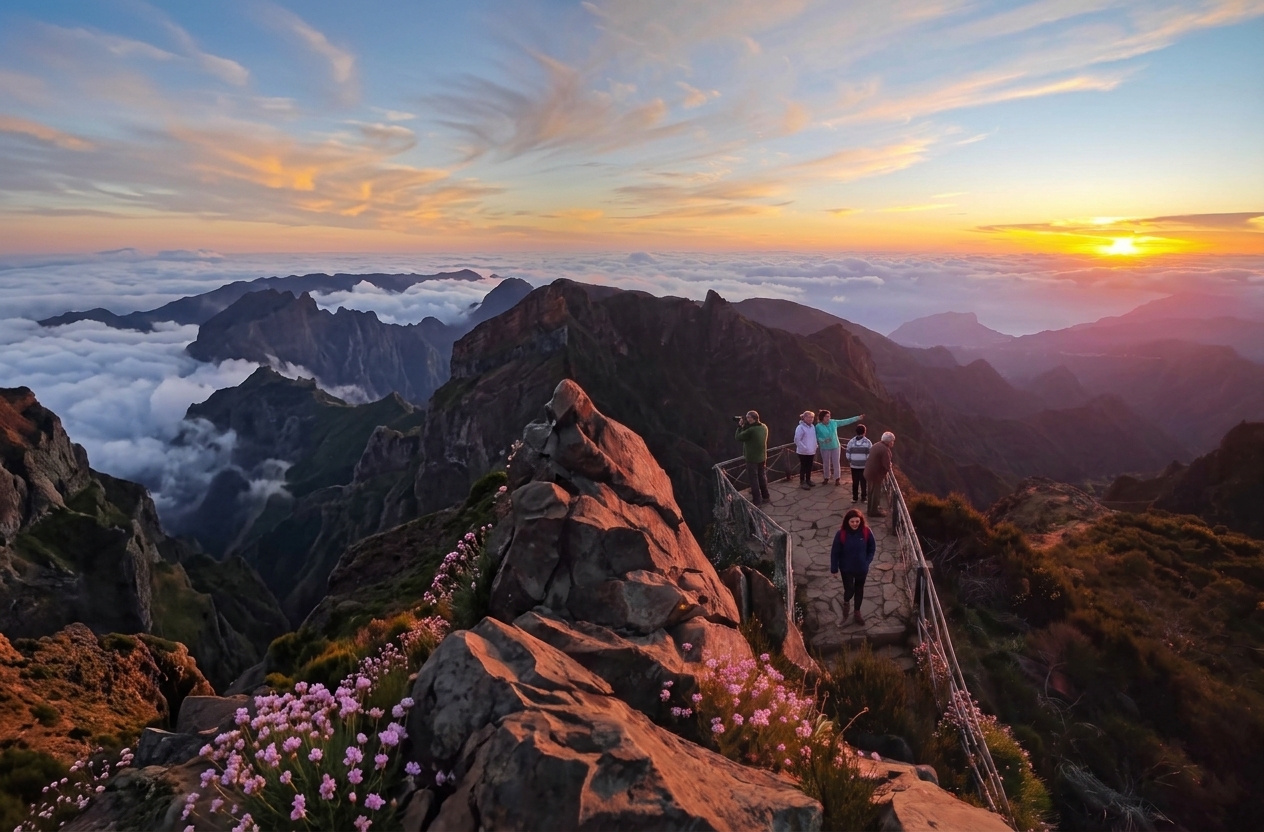 Tourists standing on the stone balcony of Ninho da Manta viewpoint during a golden sunset above the clouds near Pico do Arieiro in Madeira, Portugal.