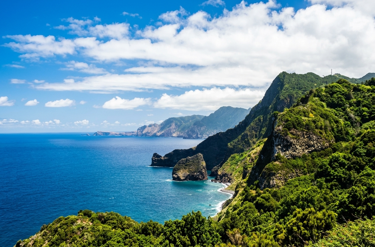 Panoramic view of the lush green volcanic cliffs meeting the blue Atlantic Ocean on the rugged north coast of Madeira Island, Portugal.