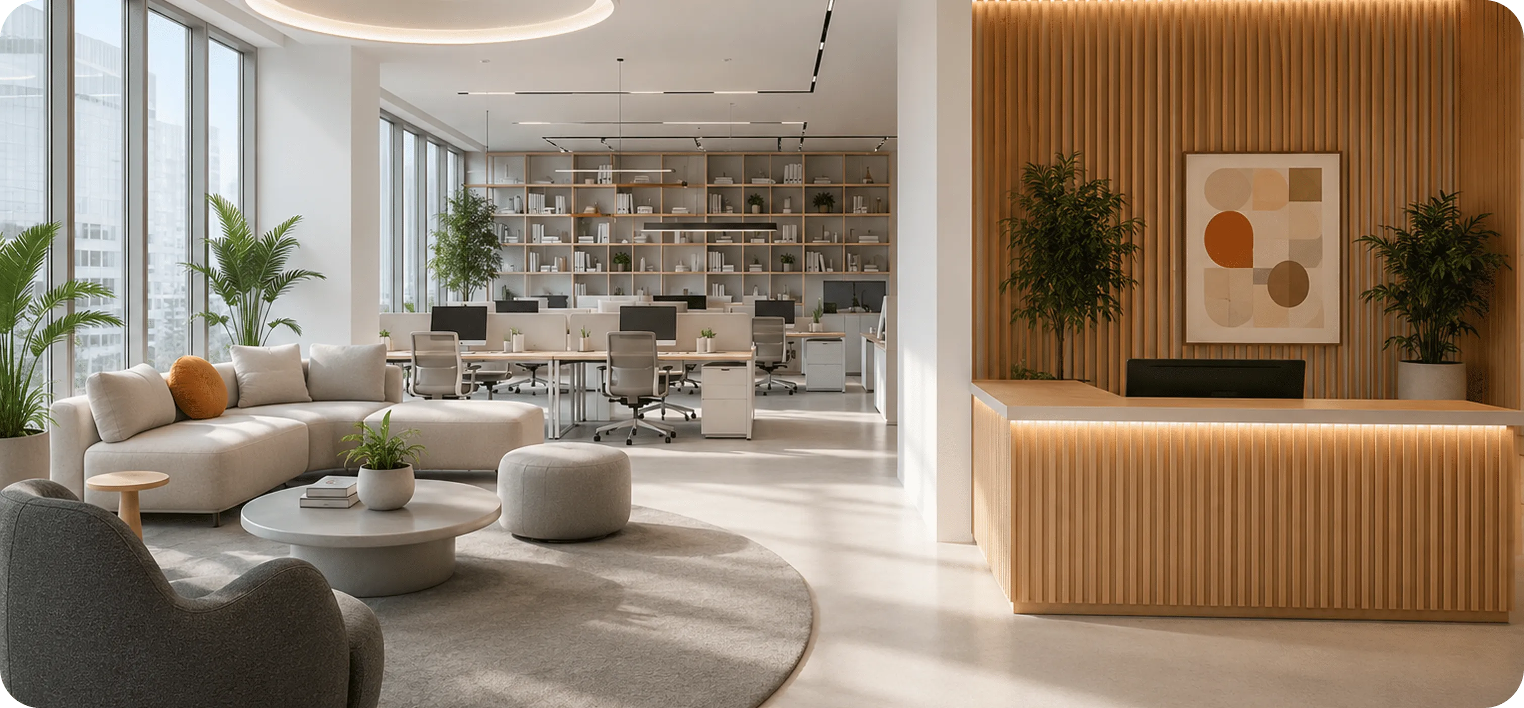 Warm office reception and workplace interior