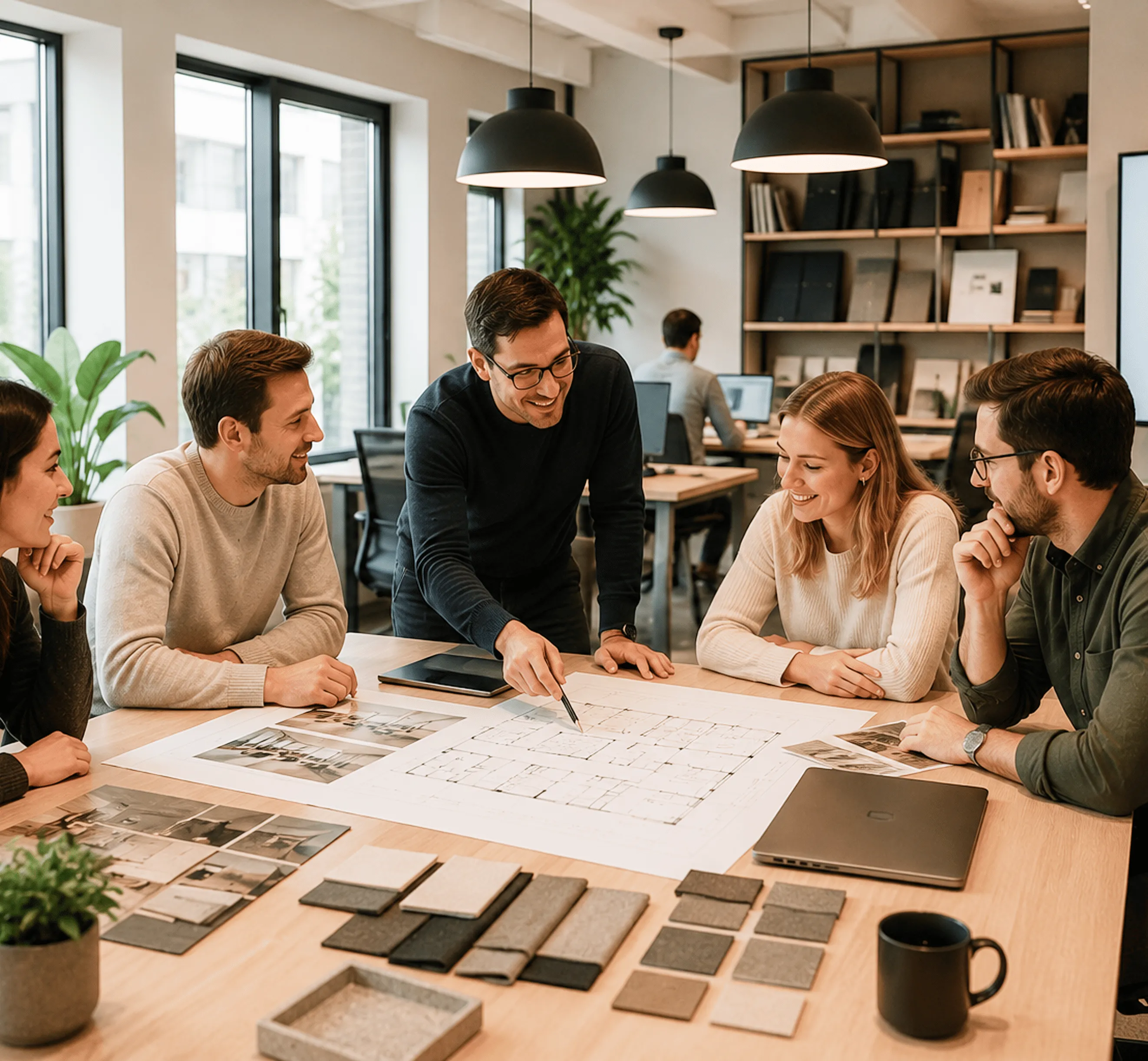 Warm office reception and workplace interior