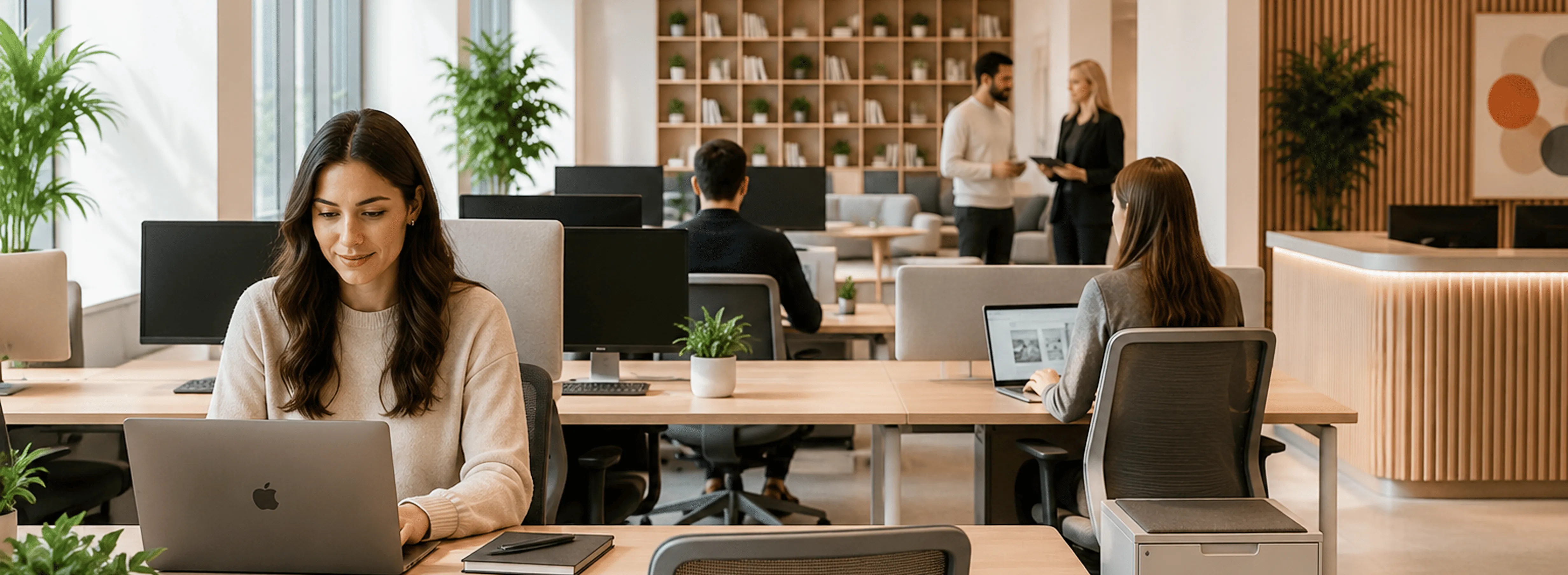 Warm office reception and workplace interior