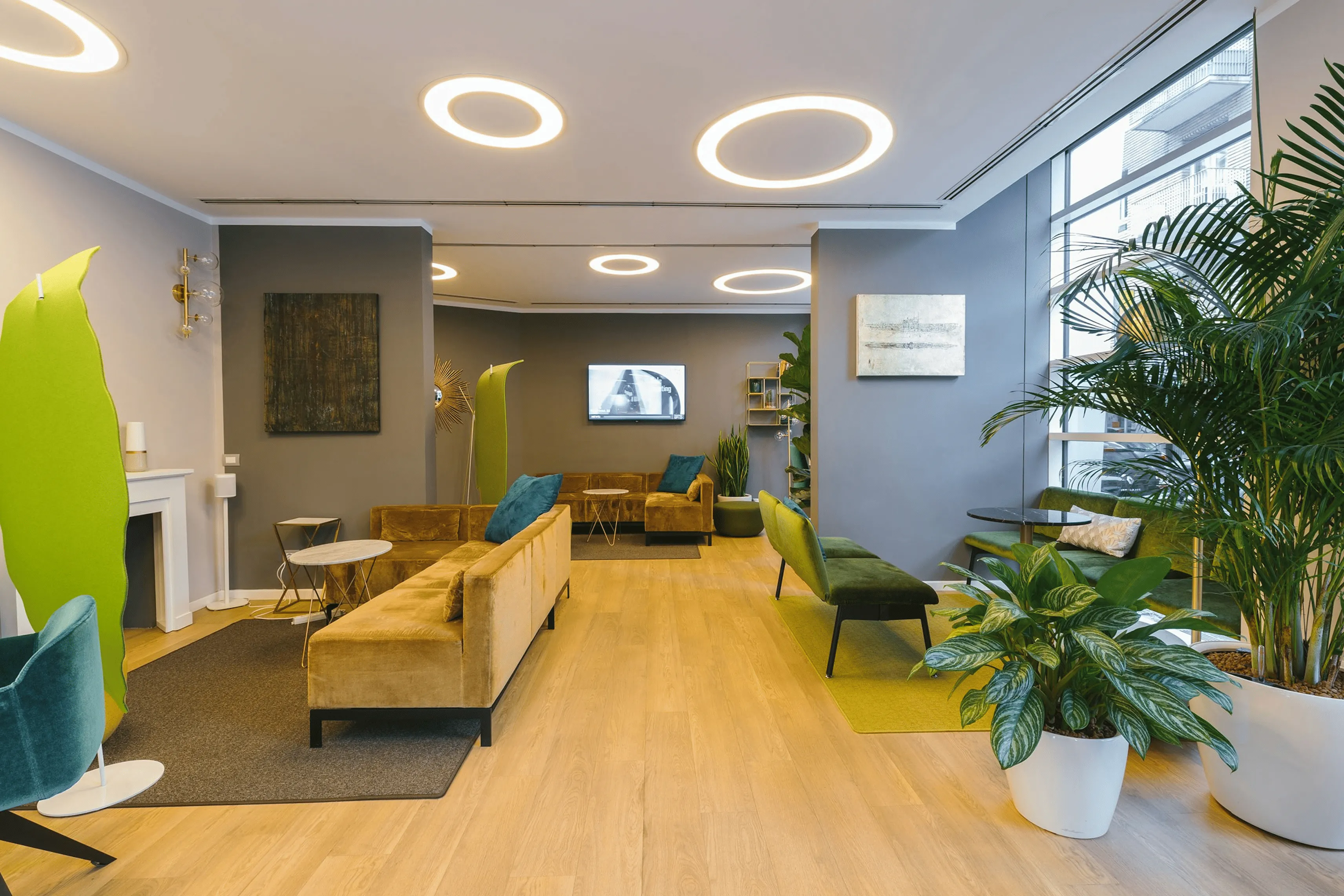Warm office reception and workplace interior