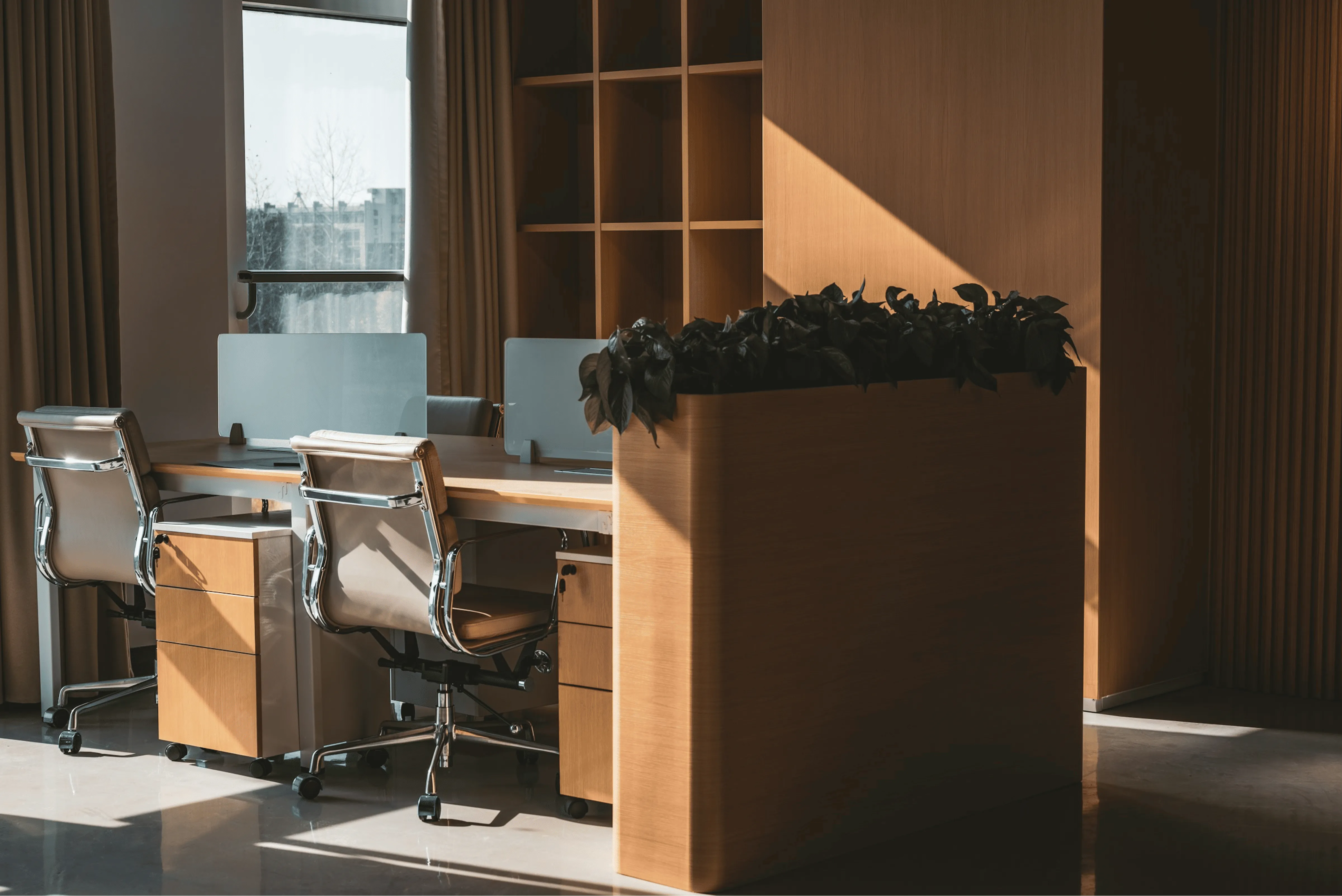 Warm office reception and workplace interior