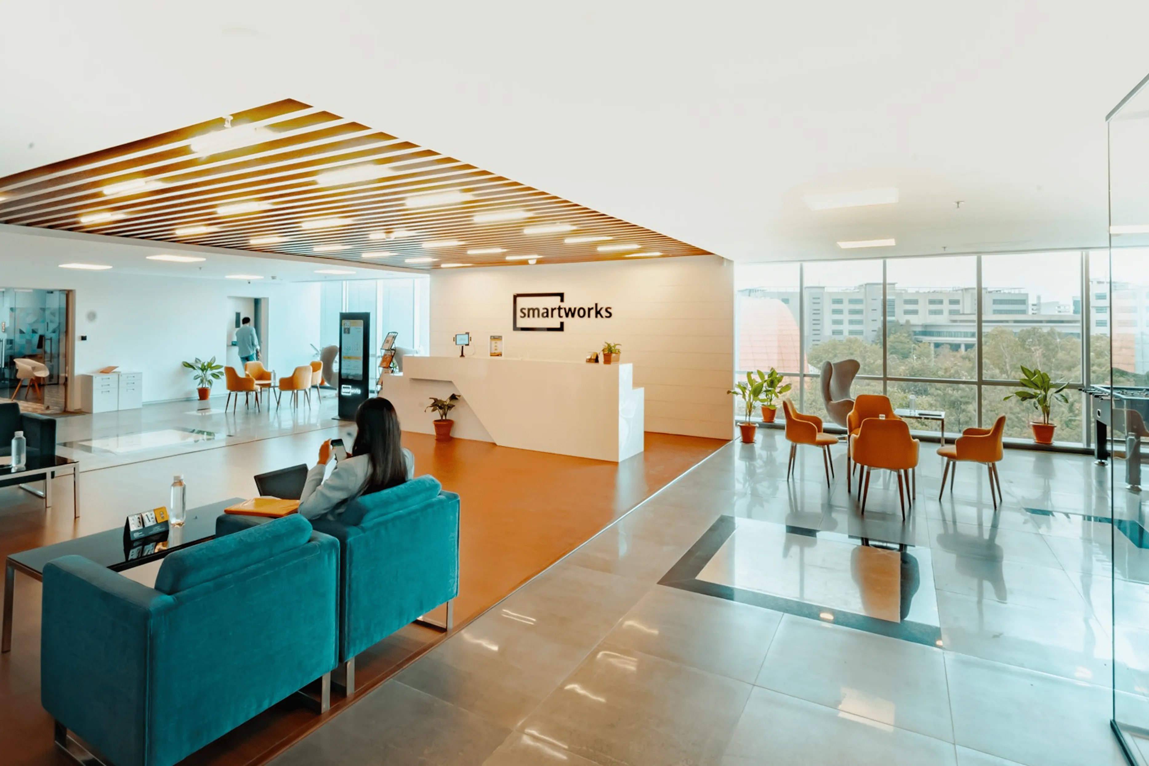 Warm office reception and workplace interior