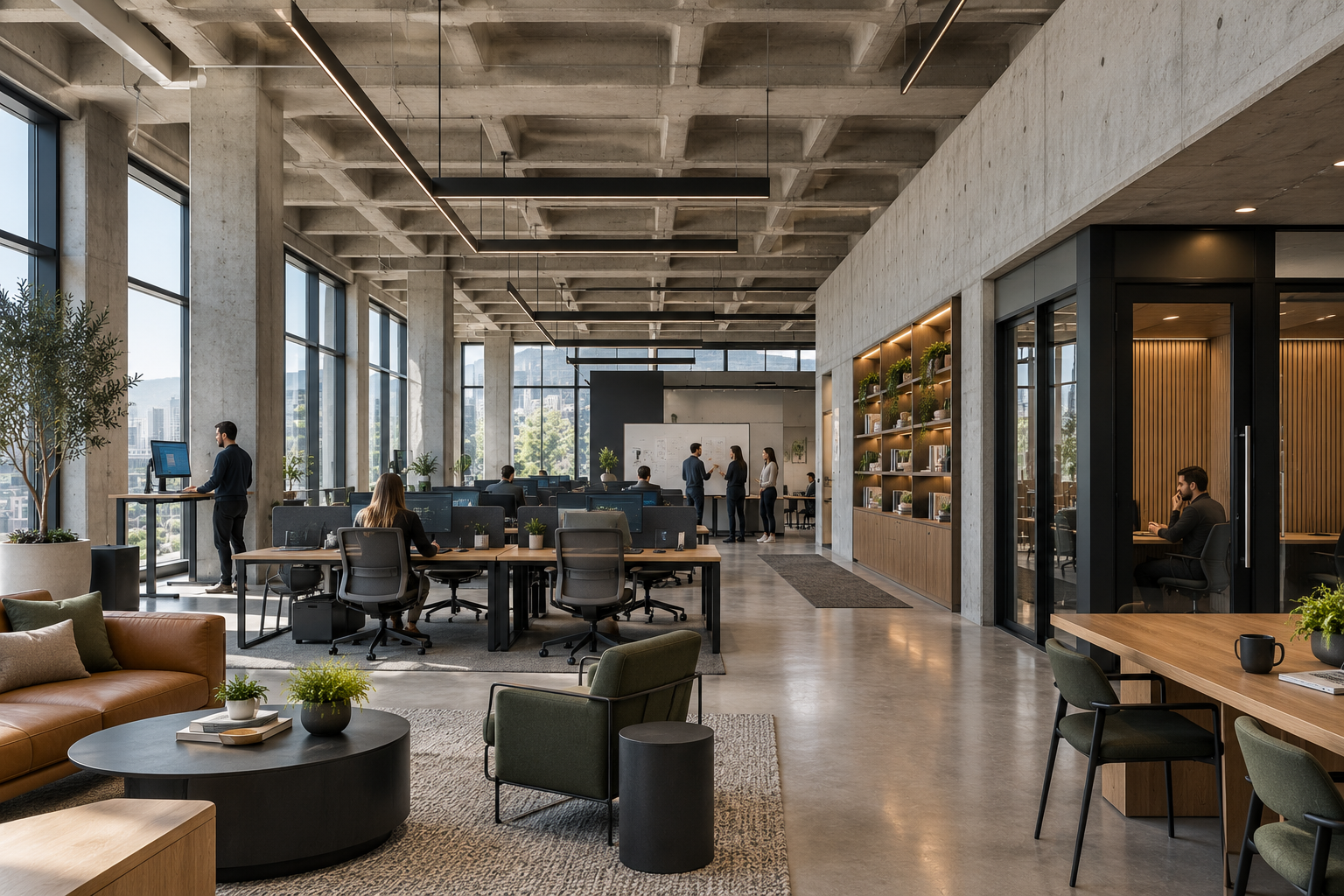 Coworkers collaborating in an open San Diego office with lounge seating and workstations