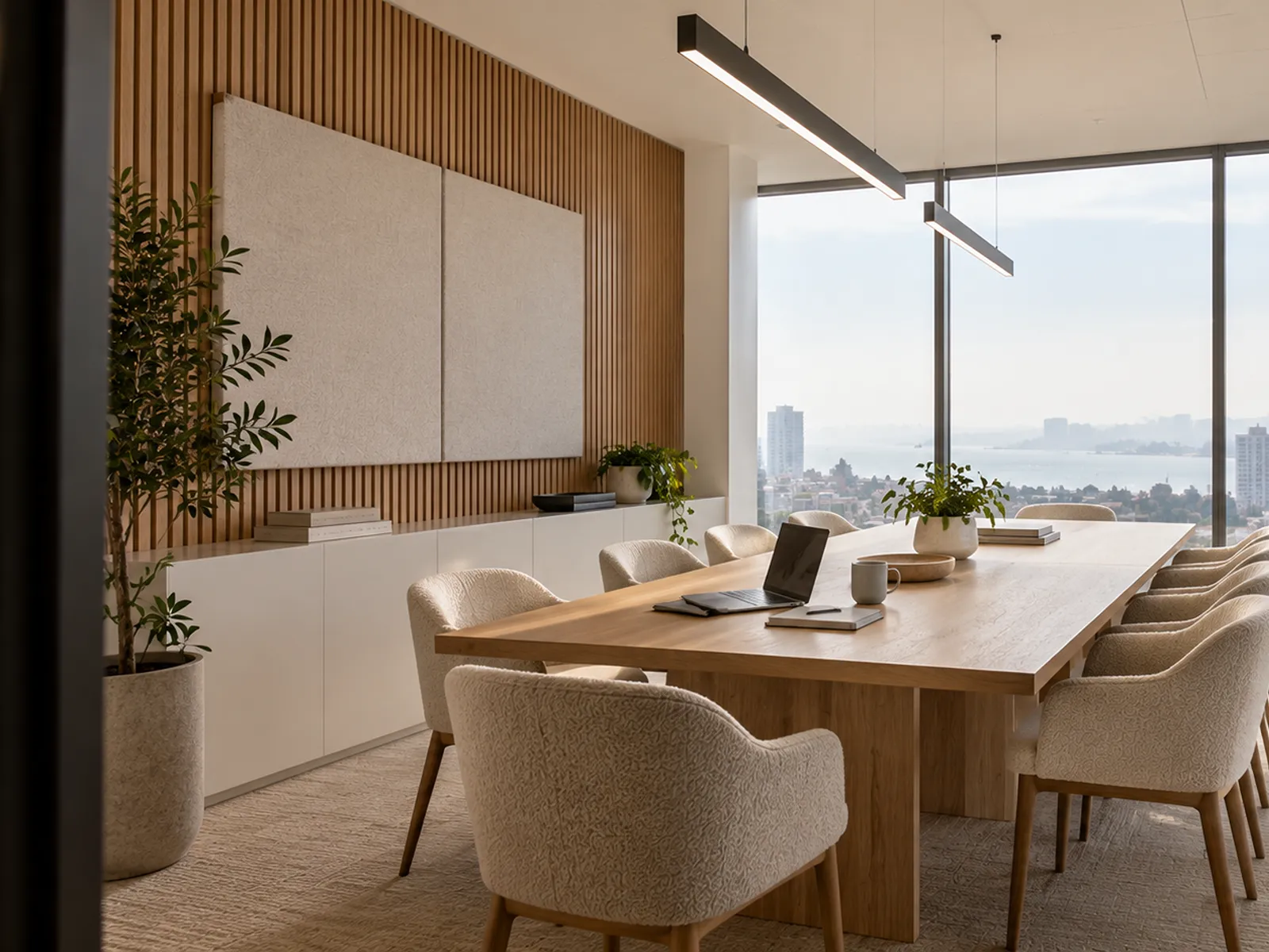 Commercial meeting room with an oak table, cream boucle chairs, and an oak slat wall with floor-to-ceiling windows
