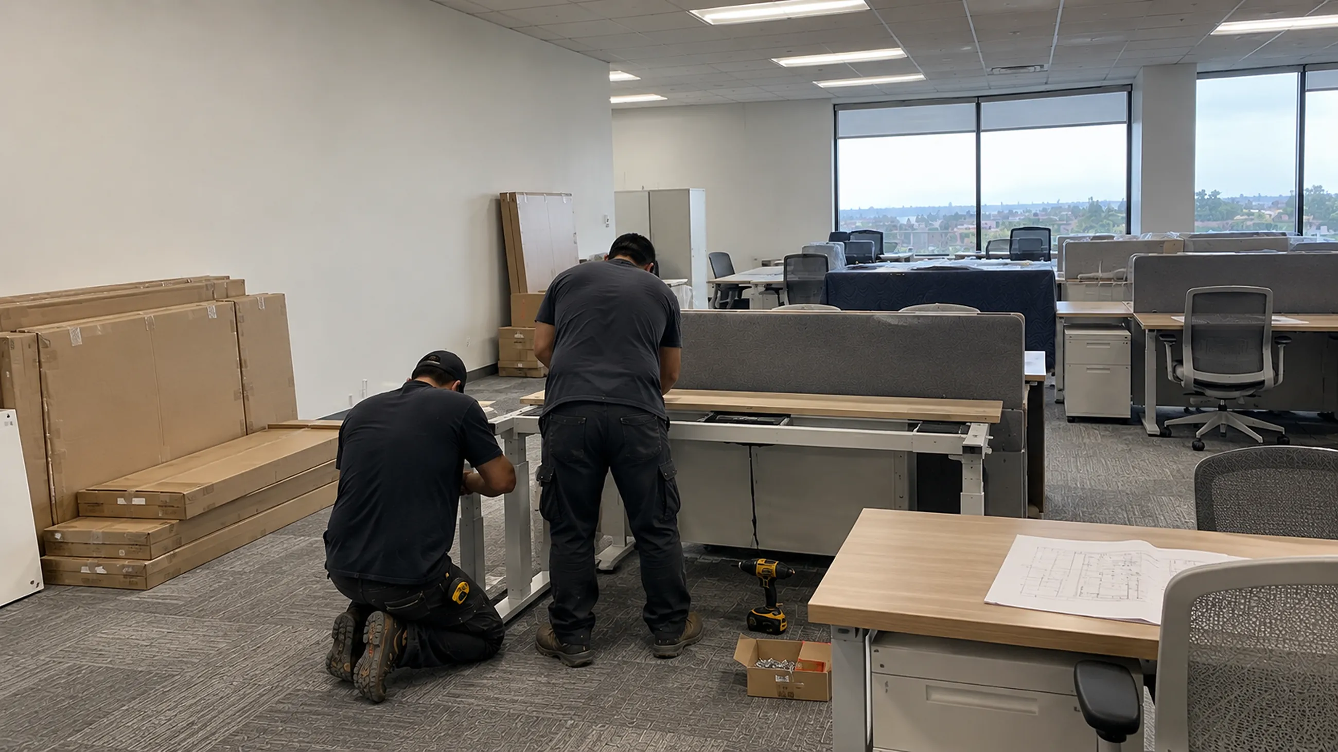 Modern open office with desks, task chairs, and a lounge area