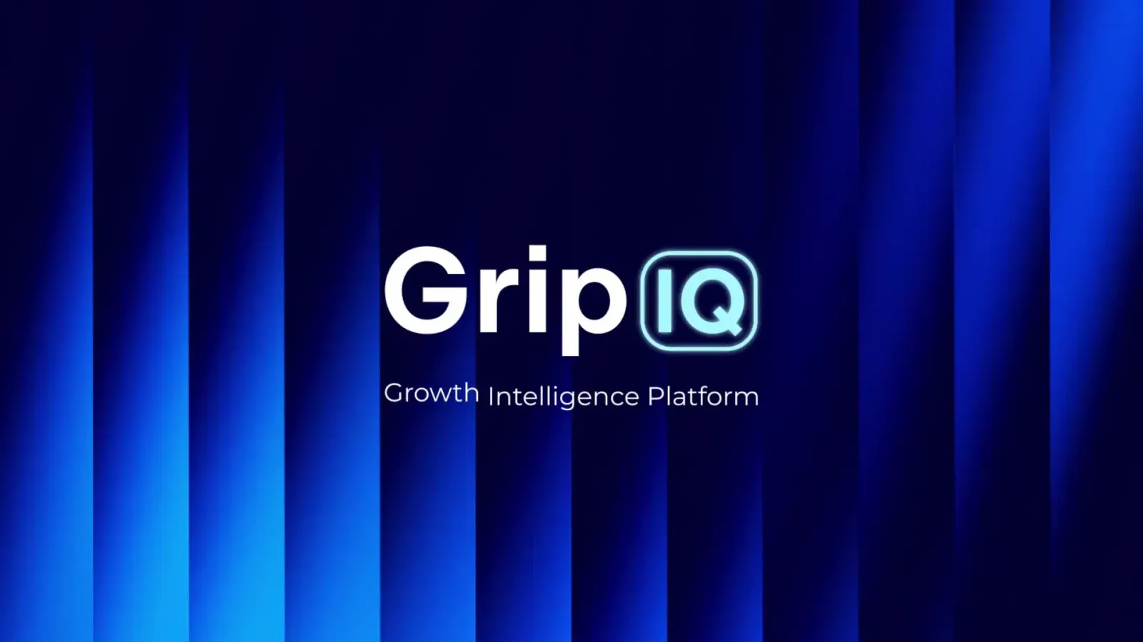 Logo van GripIQ met de tekst Growth Intelligence Platform op een achtergrond met verticale blauwe lichtstrepen.