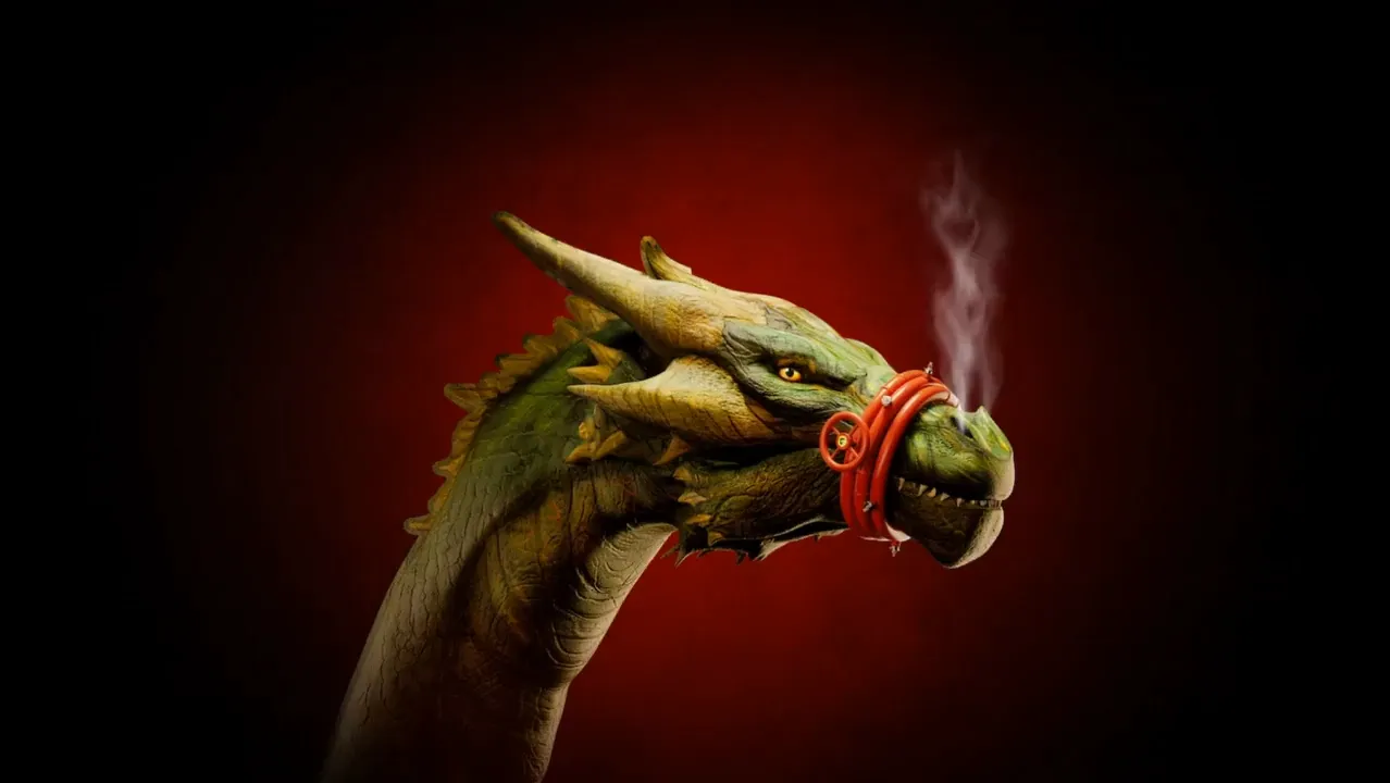 Groene draak met gesloten rode slang om de neus die rook uitademt tegen een rode achtergrond.