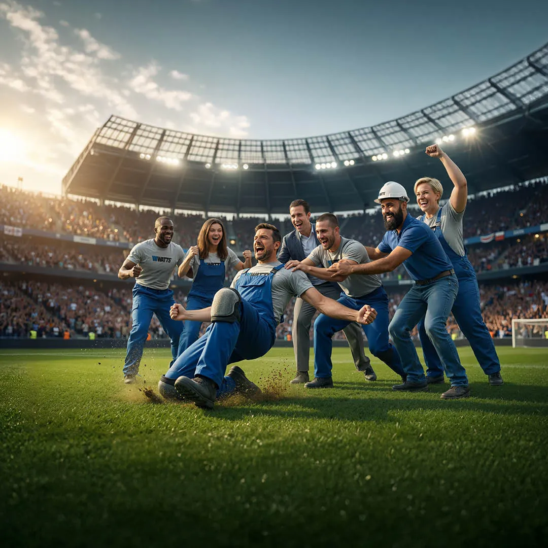 Een groep werkers, gekleed in overalls en T-shirts met het logo 'WATTS', vieren enthousiast op een voetbalveld in een stadion met volle tribunes, waarbij één man op zijn knieën in het gras glijdt en de anderen hem toejuichen.