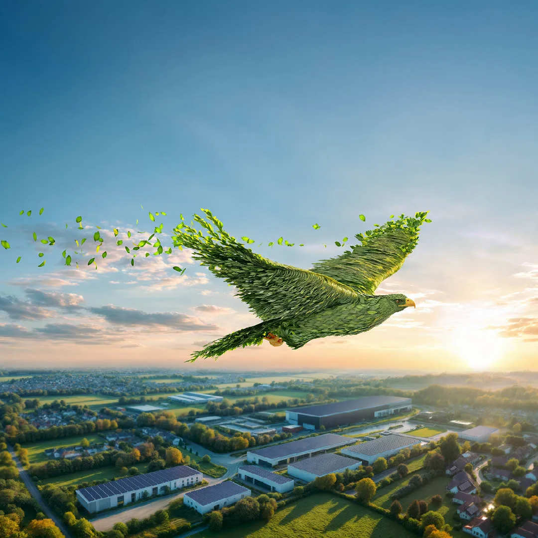 Een arend die vliegt boven een landelijke omgeving bij zonsopgang, gemaakt van groene bladeren die uitwaaieren achter de vogel.