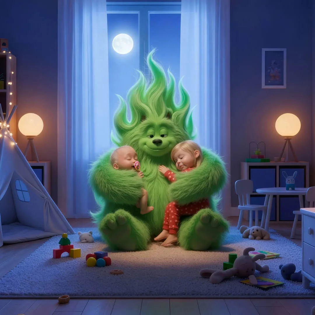 Een grote, groene, harige fantasiewezen met golvende haarpunten zit op een vloerkleed in een knusse kinderkamer en omarmt liefdevol twee slapende kinderen, een baby met een fopspeen en een peuter in rode pyjama, terwijl de volle maan door het raam schijnt.
