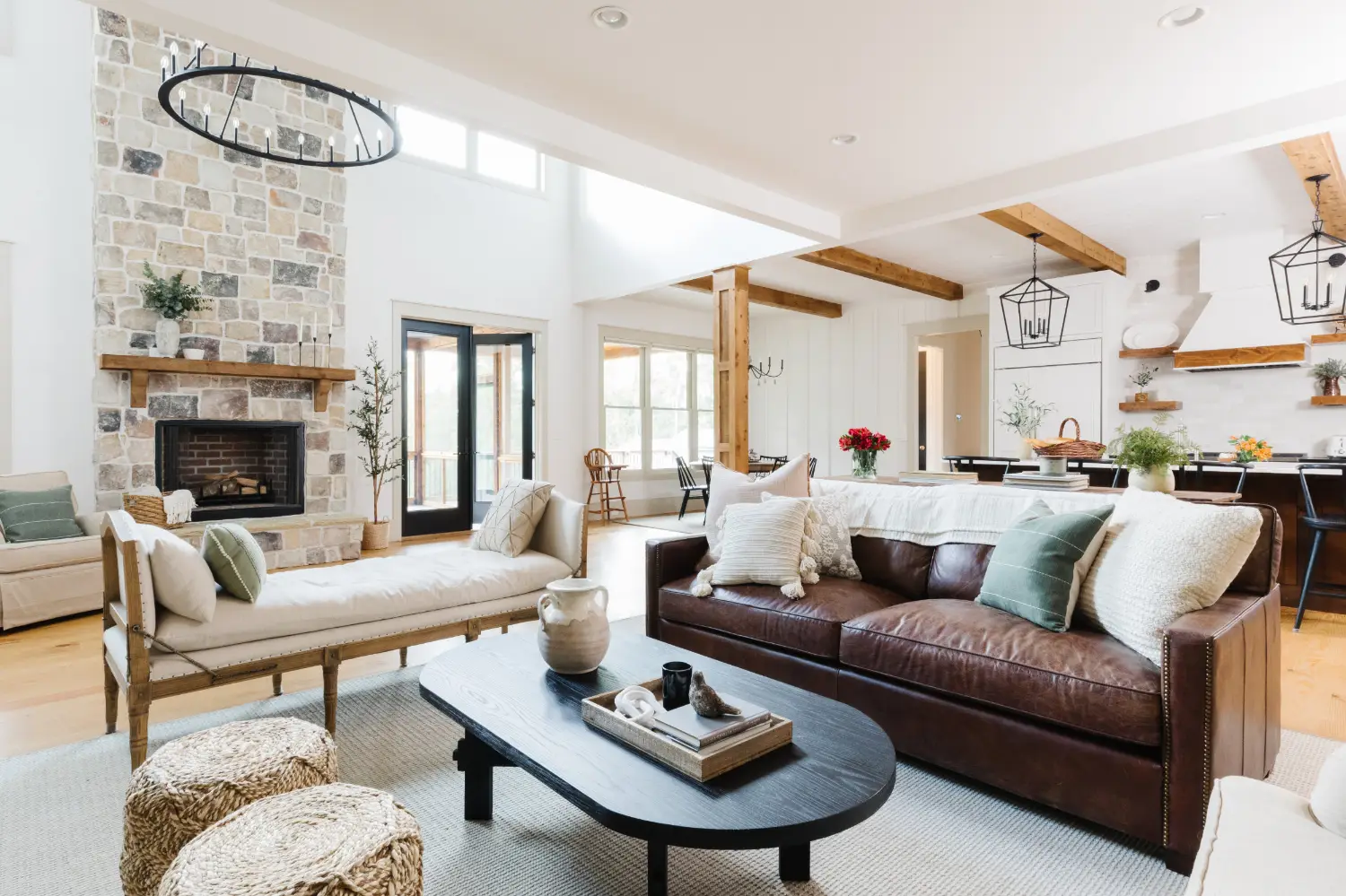 Custom farmhouse with high ceiling sitting room and stone fireplace