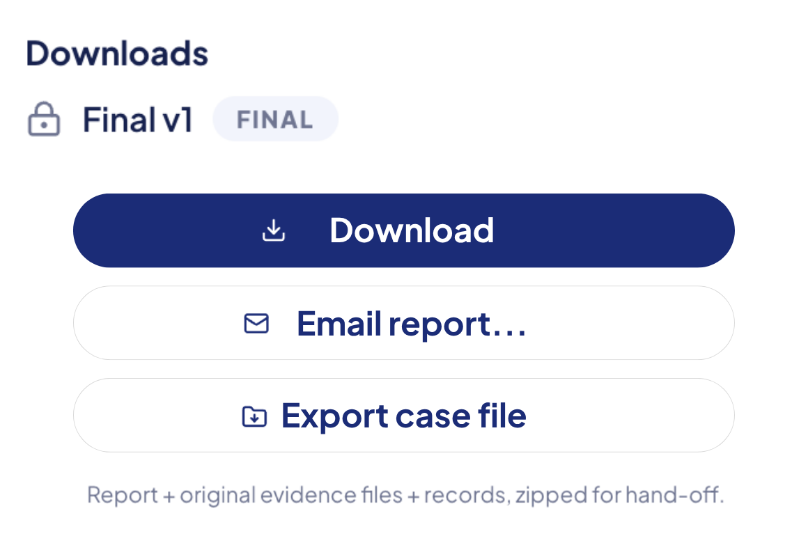 A finished case file ready to hand to a lawyer or insurer