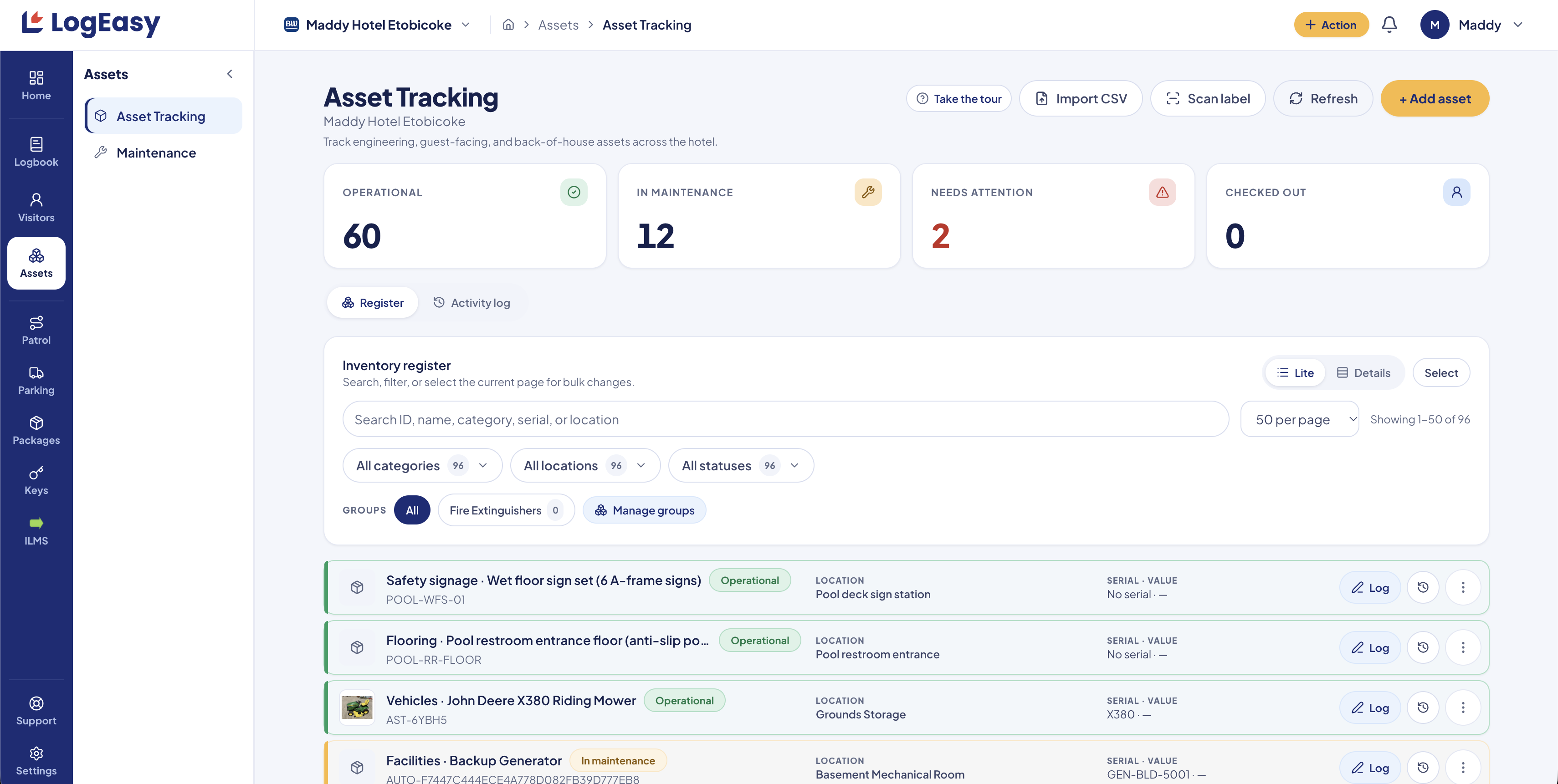LogEasy Asset Tracking screen