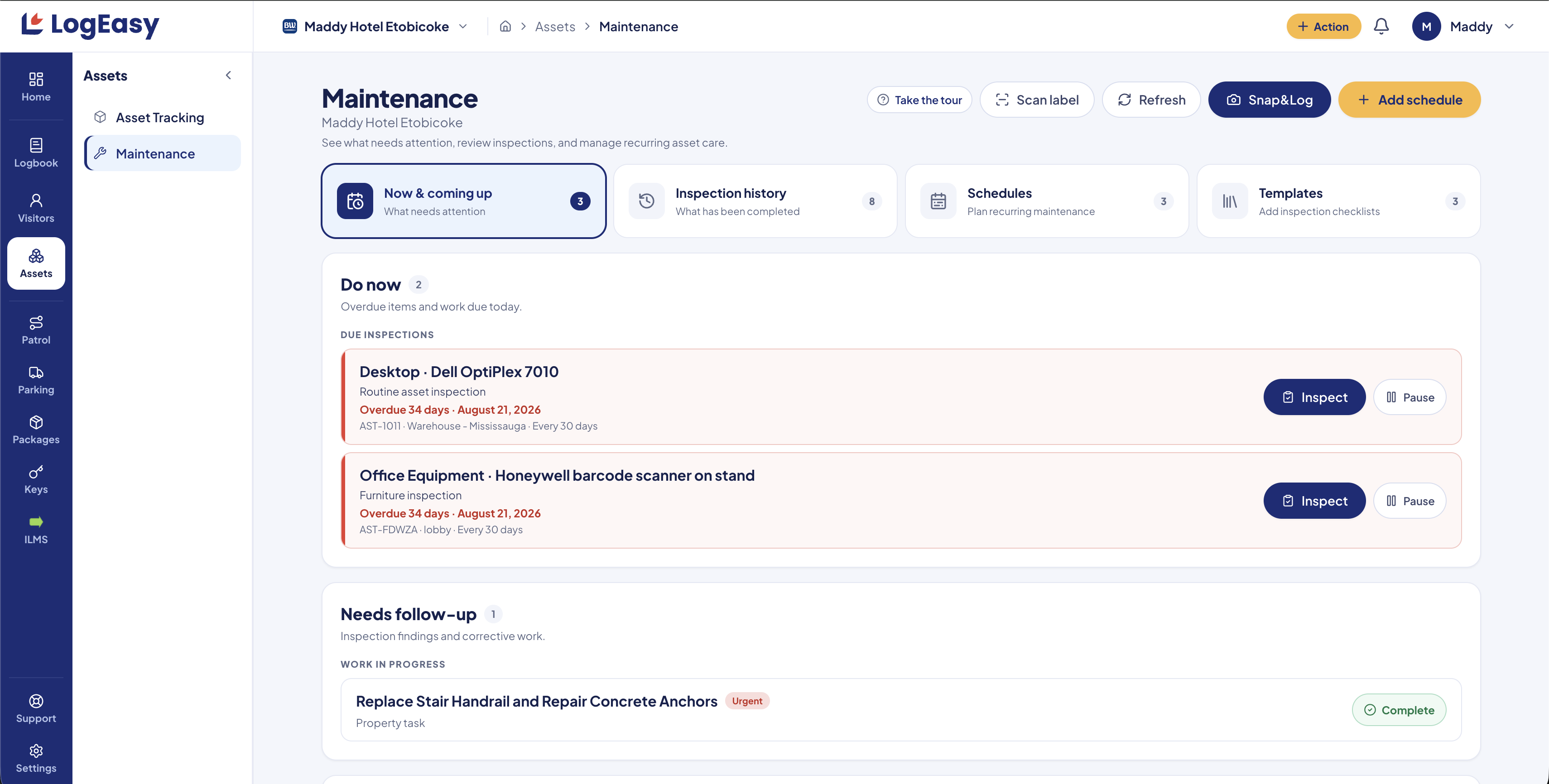 LogEasy Maintenance screen