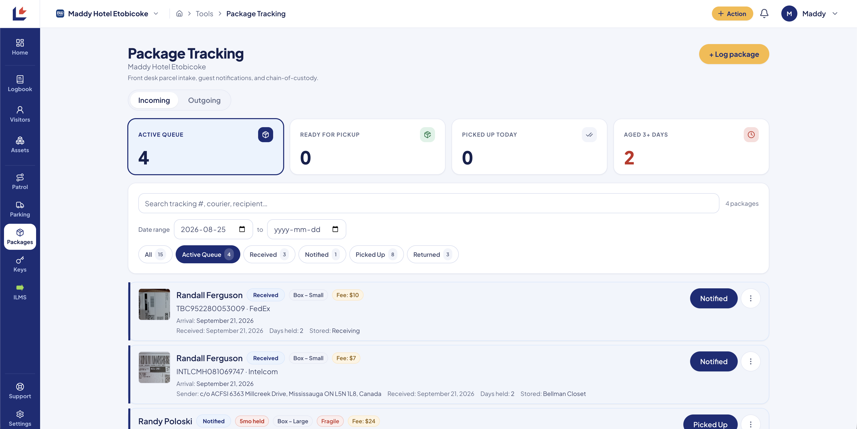 LogEasy Package Tracking screen