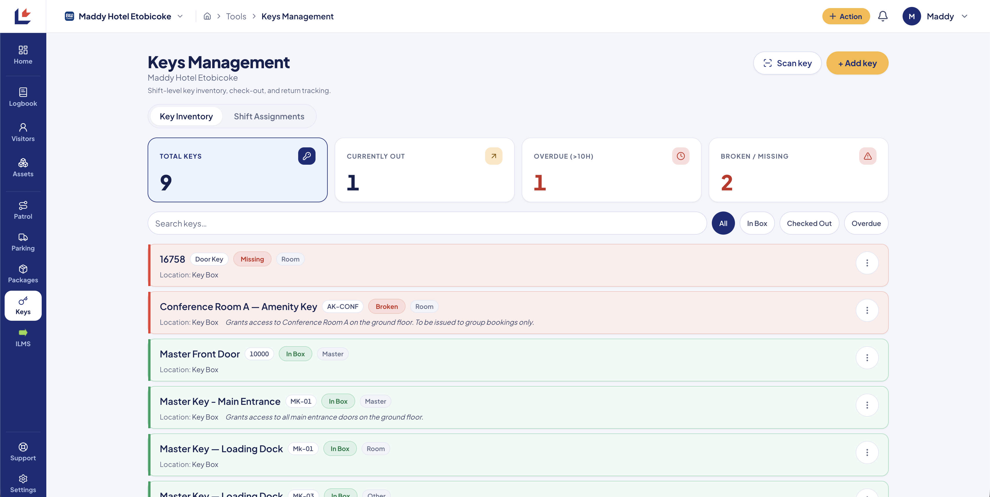 LogEasy Keys Management screen
