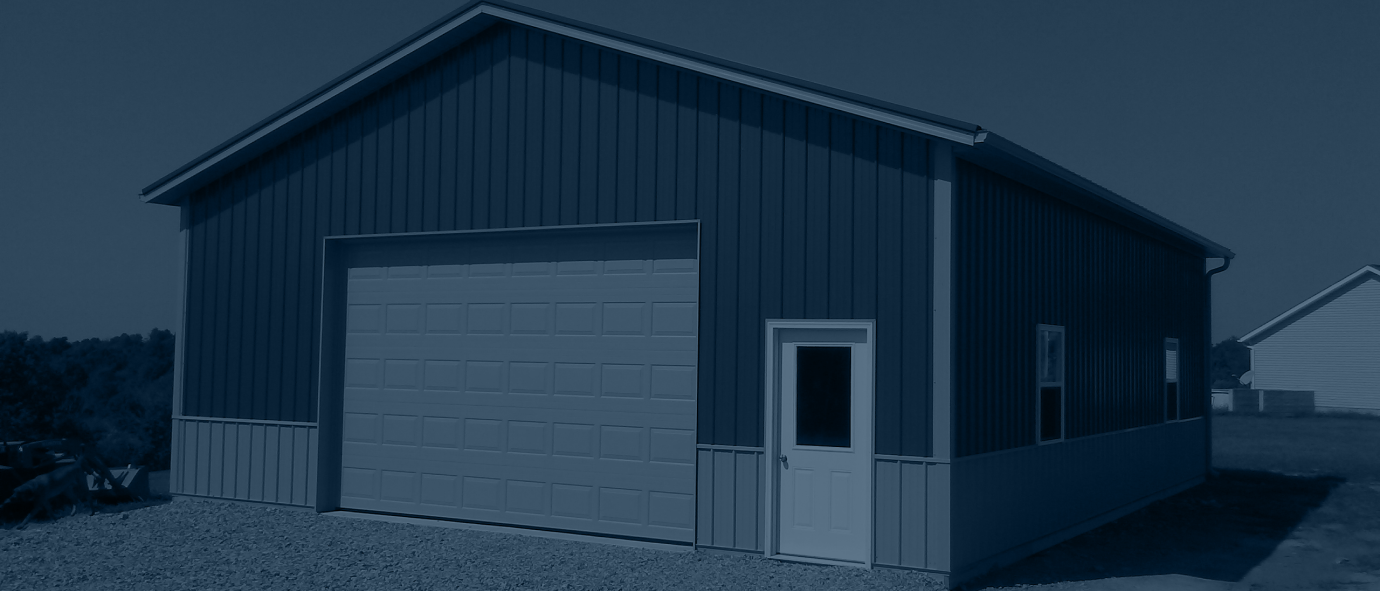 barn with large overhead door blue overlay