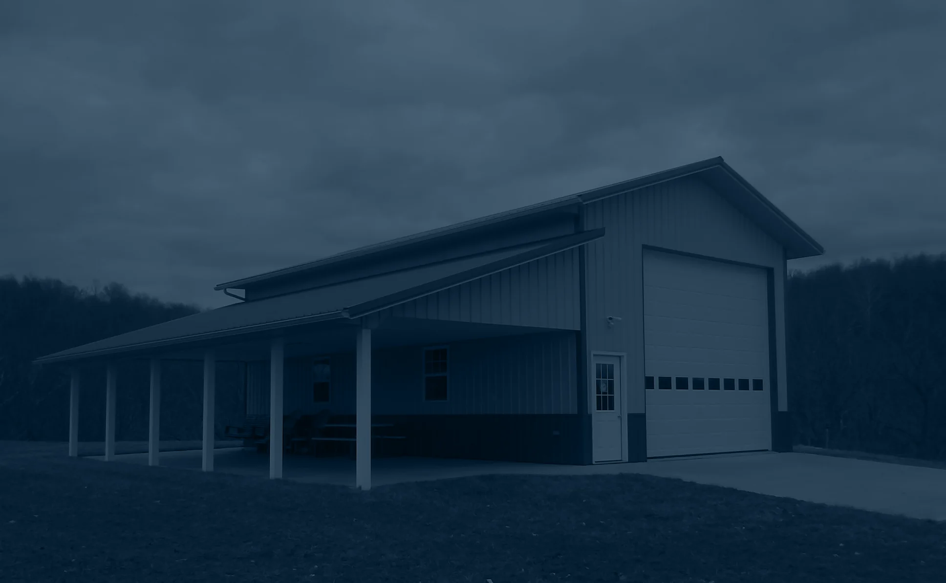large garage building with blue overlay