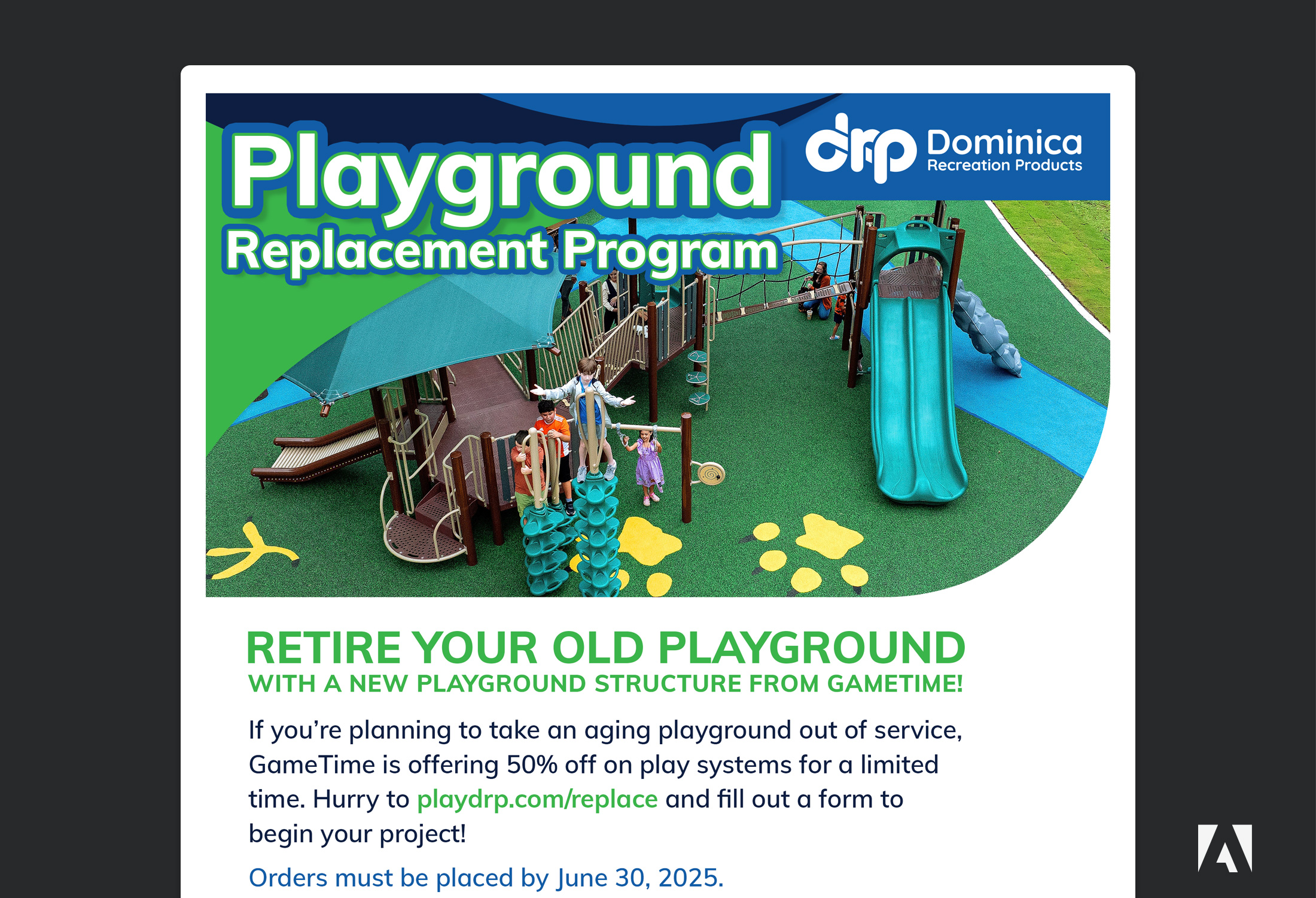 DRP top of a brochure for their playground replacement campaign. 
