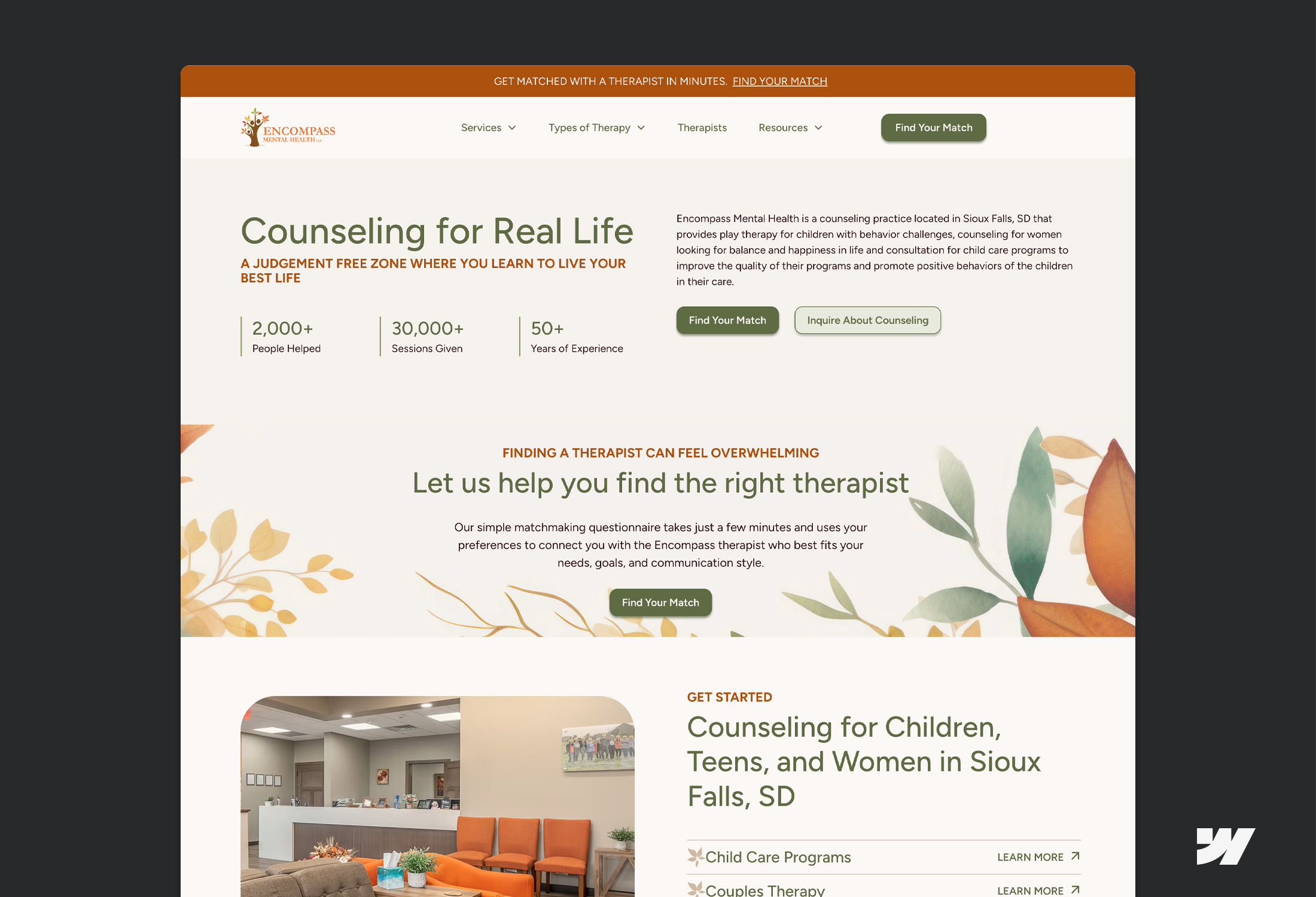 Encompass Mental Health website design above the fold.