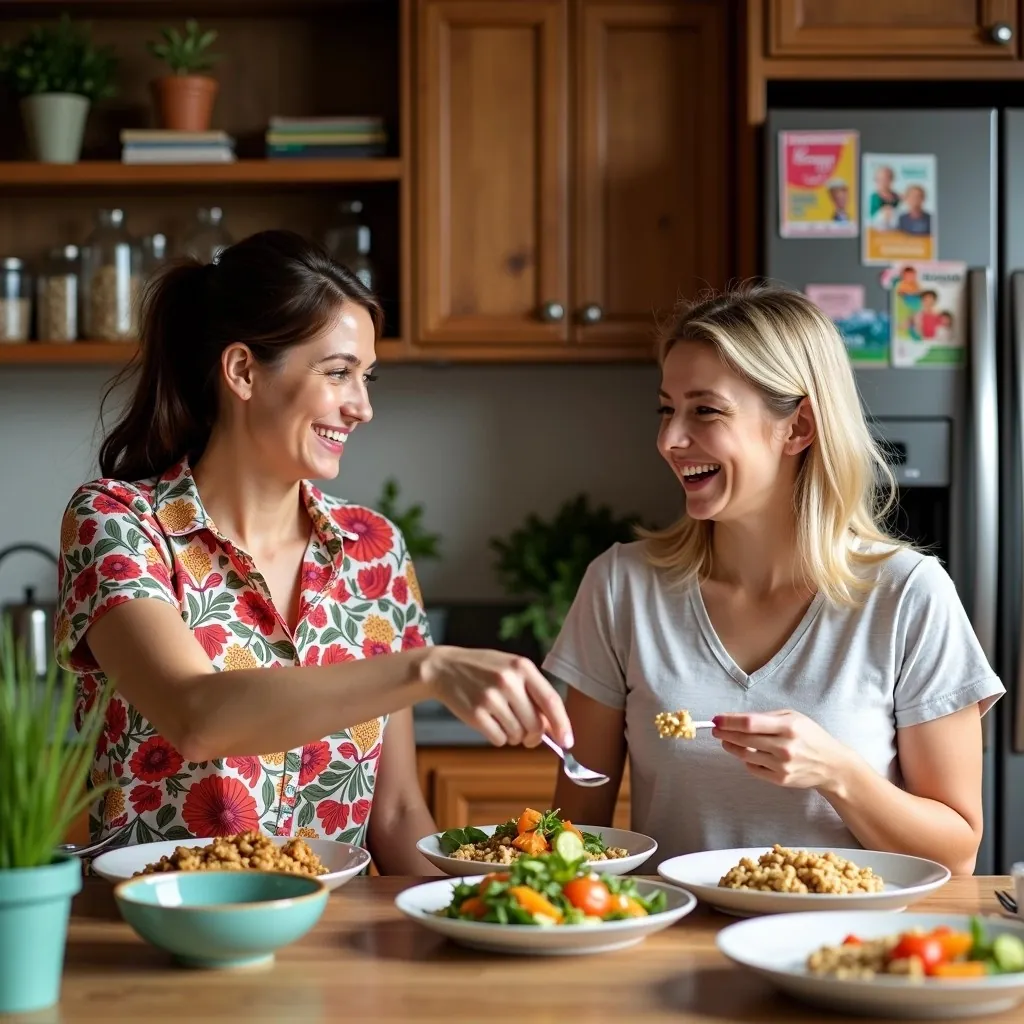 Deux amies qui partagent un repas dans une cuisine