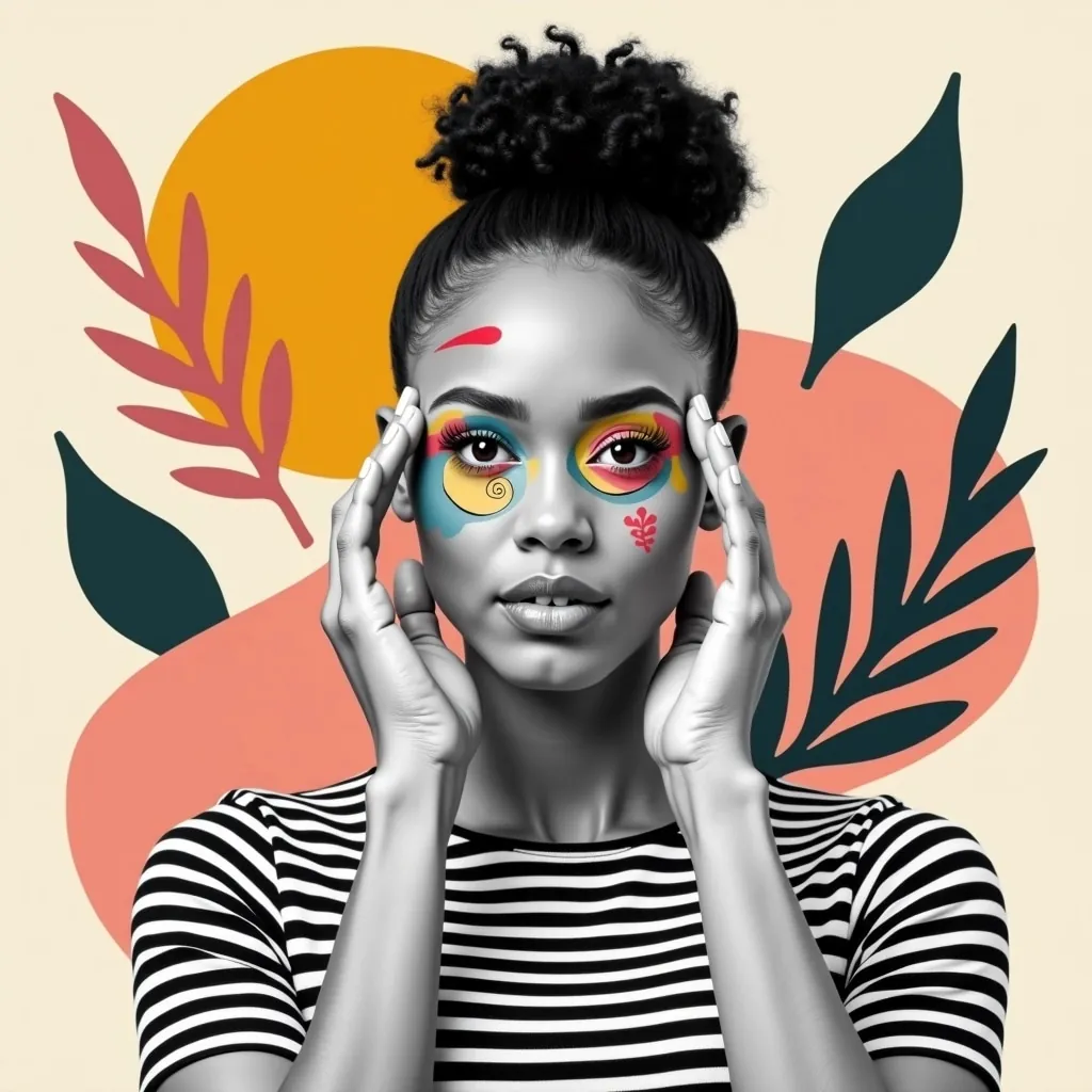Illustration d'une femme les mains sur les tempes, entourée de feuillages